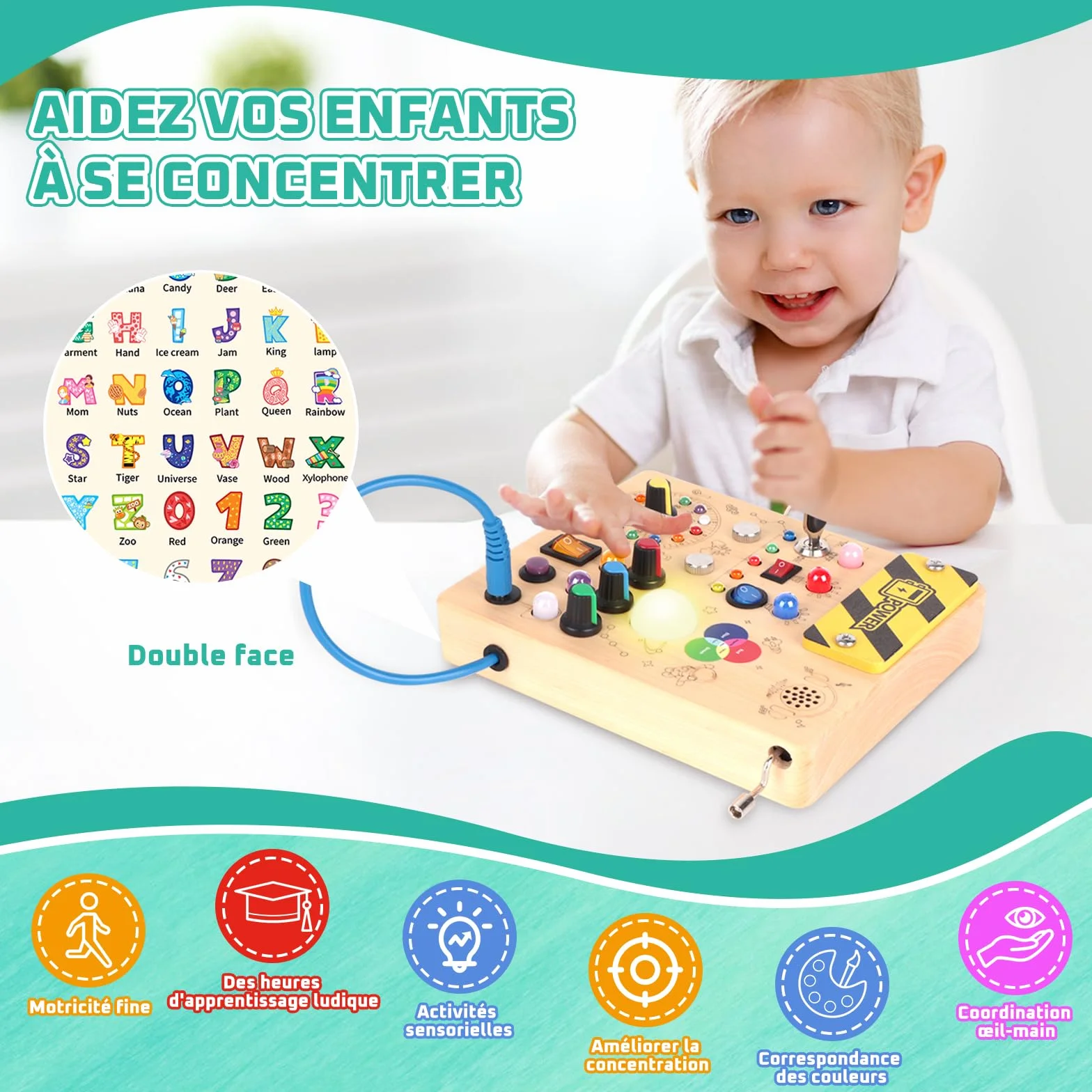Montessori Busy Board 1 an Enfants Activity Board Jouets en Bois avec 12 Interrupteurs 24 Lumières LED Sensory Learning Toys Jeu Montessori Jouet Enfant Bebe 1 2 3 Ans Cadeau