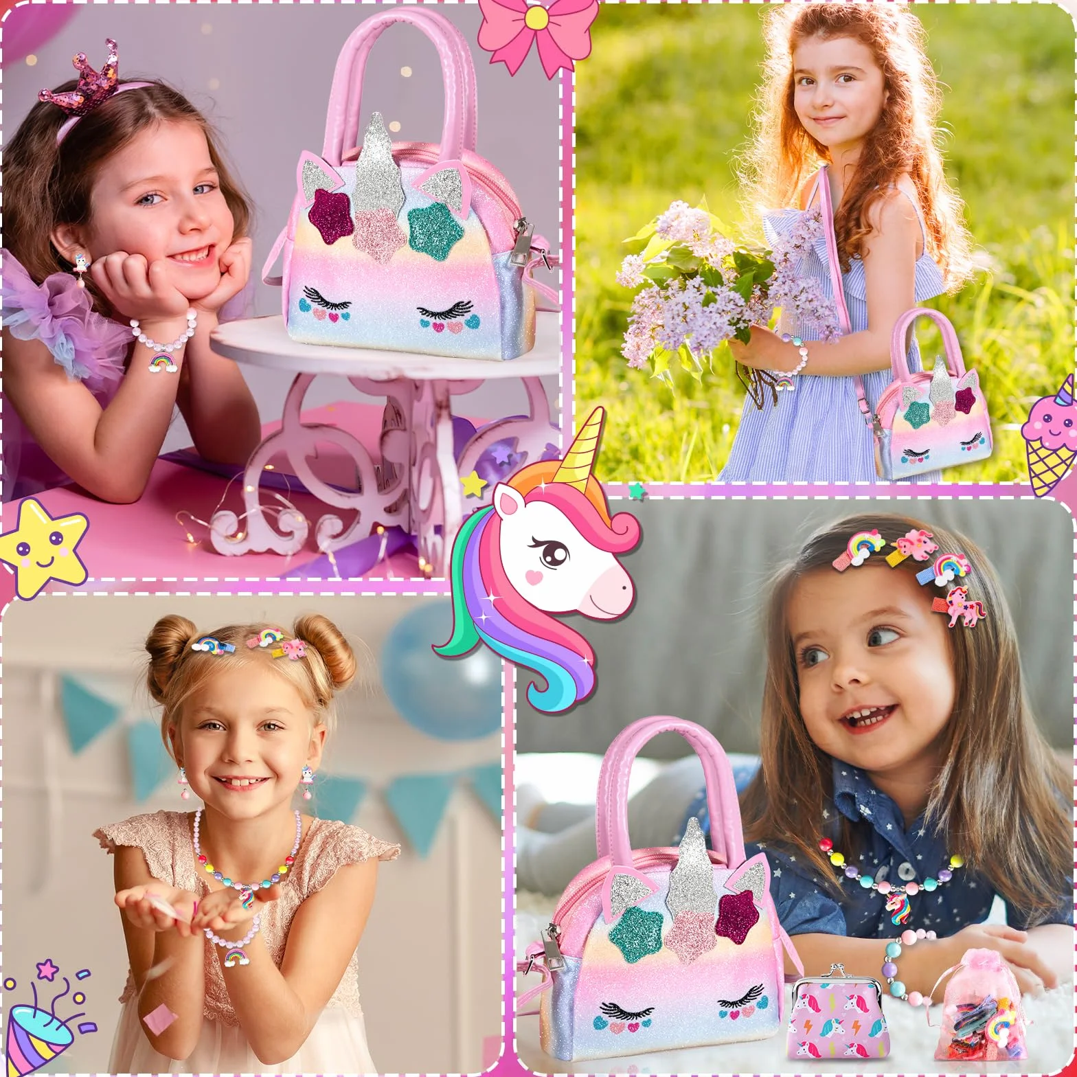 Licorne Sac à Main Bijoux Enfants Fille, Bagues, Boucles d'oreilles, Colliers, Bracelets, Épingles à Cheveux pour 1-6 Ans