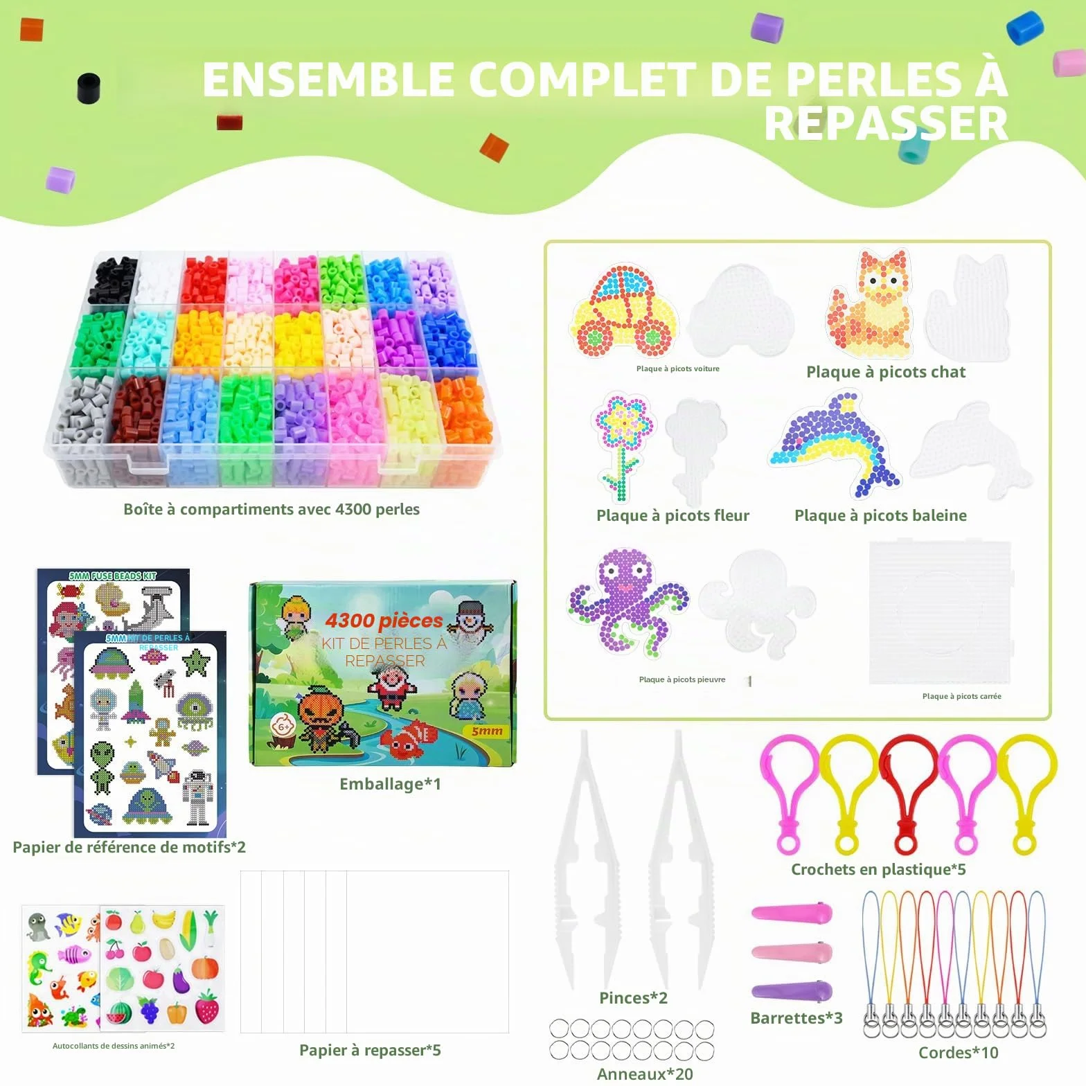 Kit de Perles à Repasser 4300 pcs 5mm 24 Couleurs avec Boîte de Rangement, Panneau Perforé pour Enfants DIY