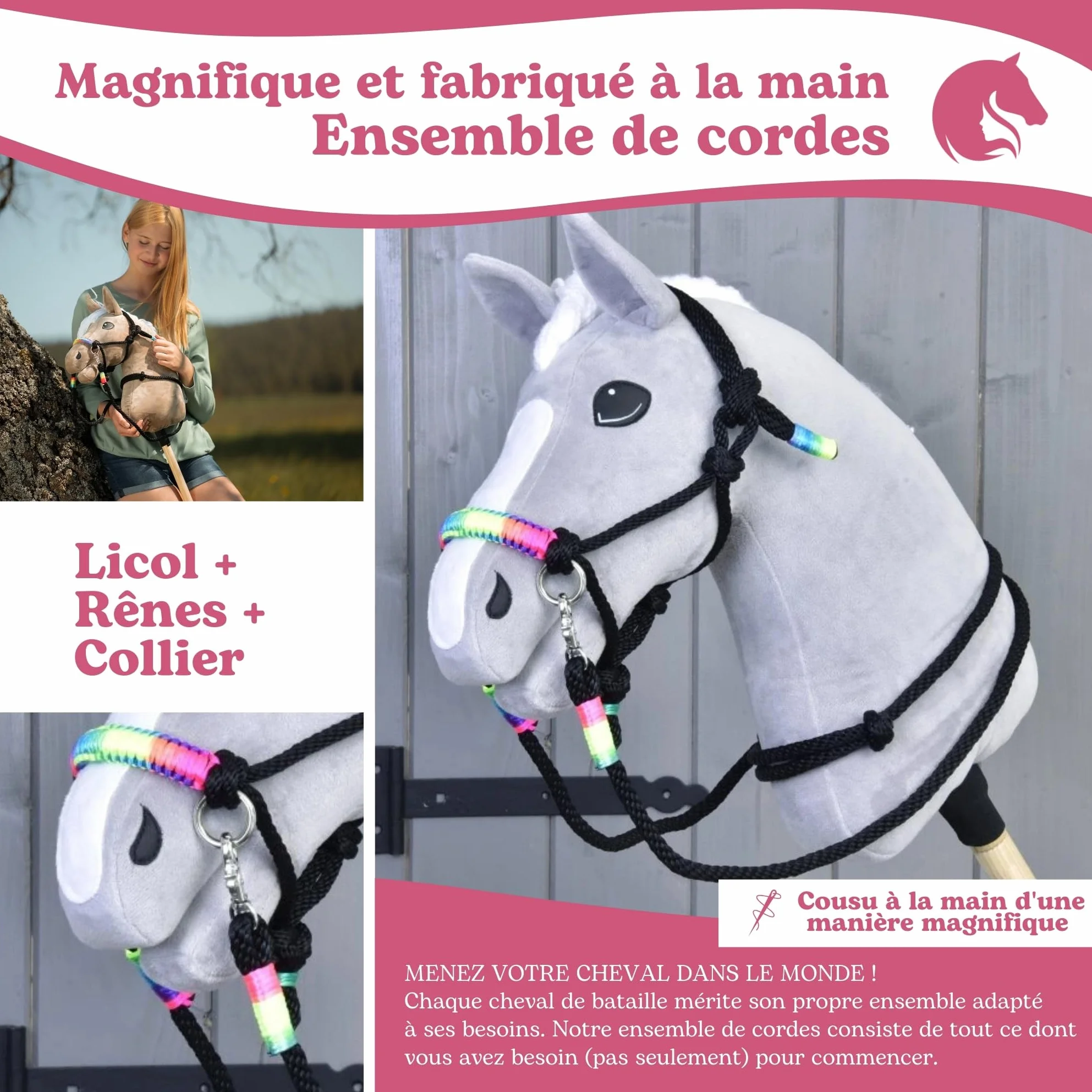 LarDen Hobby Horse Accessoires Ensemble de Corde Licol avec Rênes & Collier pour Cheval Bâton GR. S Arc-en-Ciel Fait à la Main