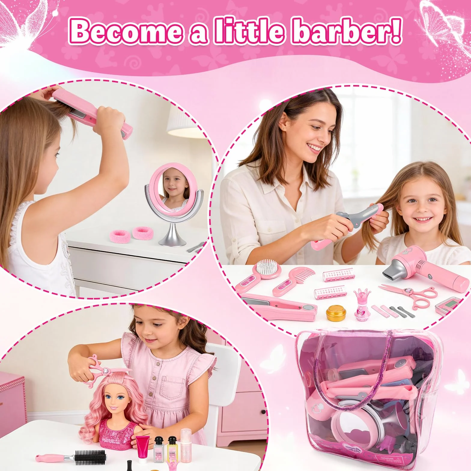 deAO Ensemble de Salon de Beauté pour Filles 35 Pièces, Jeu de Simulation Coiffeur avec Sèche-Cheveux, Miroir et Fer à Friser