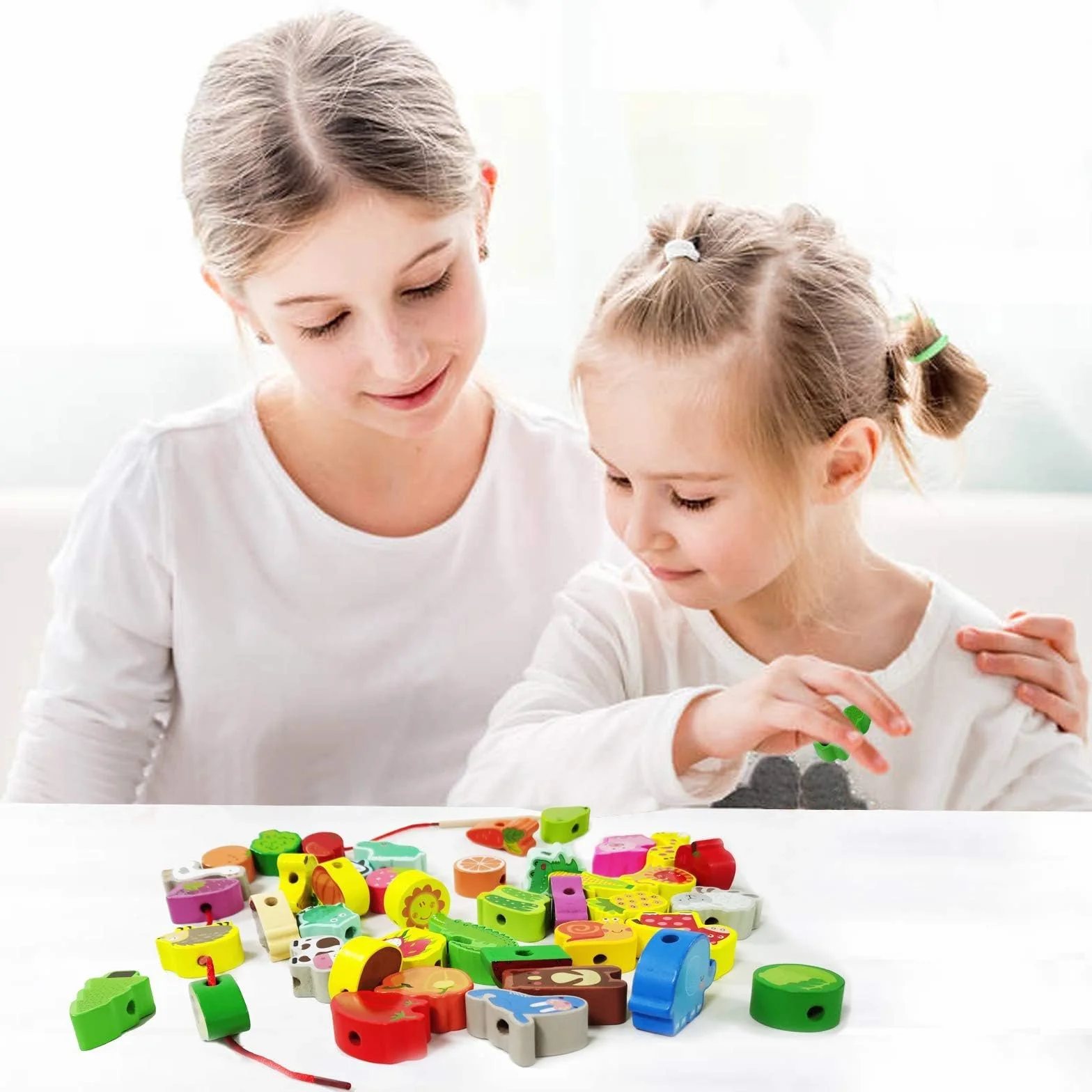 Perles en Bois à Enfiler Jouet 42 Pièces Animaux Fruits Montessori Éducatif Enfant Cadeau Garçons Filles 2-4 Ans