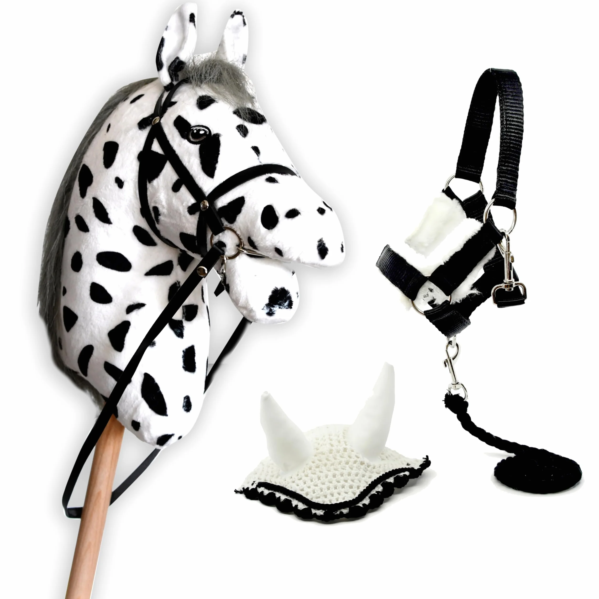 Hobby Horse Blanc pour Enfants et Adolescents - Cheval bâton avec Filet, Rênes, Bonnet et Licol