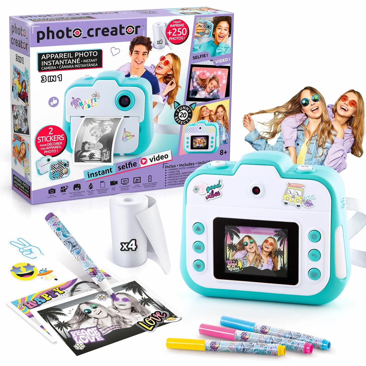 Canal Toys Photo Creator Appareil Photo 3 en 1 à Impression Instantanée Turquoise 2 Modes Selfie Caméra Vidéo Enfant 8 Ans+ 4 Rouleaux 250 Clichés CLK 001