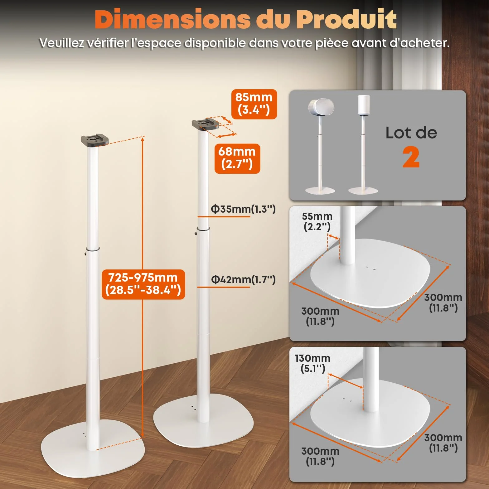 Supports pour Haut-parleurs Sonos Era 100 SL, Era 100 et Era 300 - Hauteur réglable, Supports de Sol 74–99 cm, 5 kg, 1 Paire, Blanc