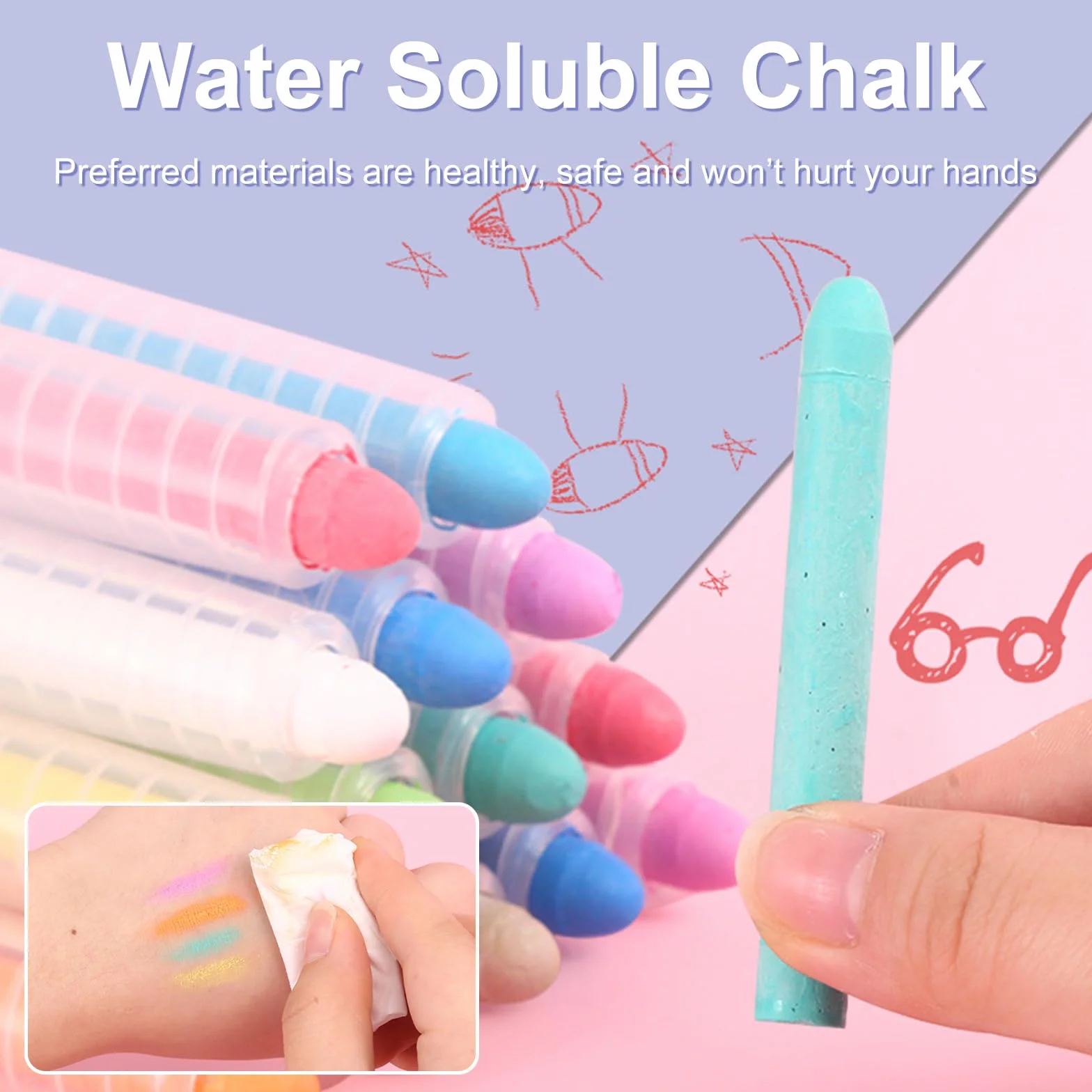 Bavooty Lot de 6 crayons à craie colorés lavables sans poussière avec porte-craie réglable