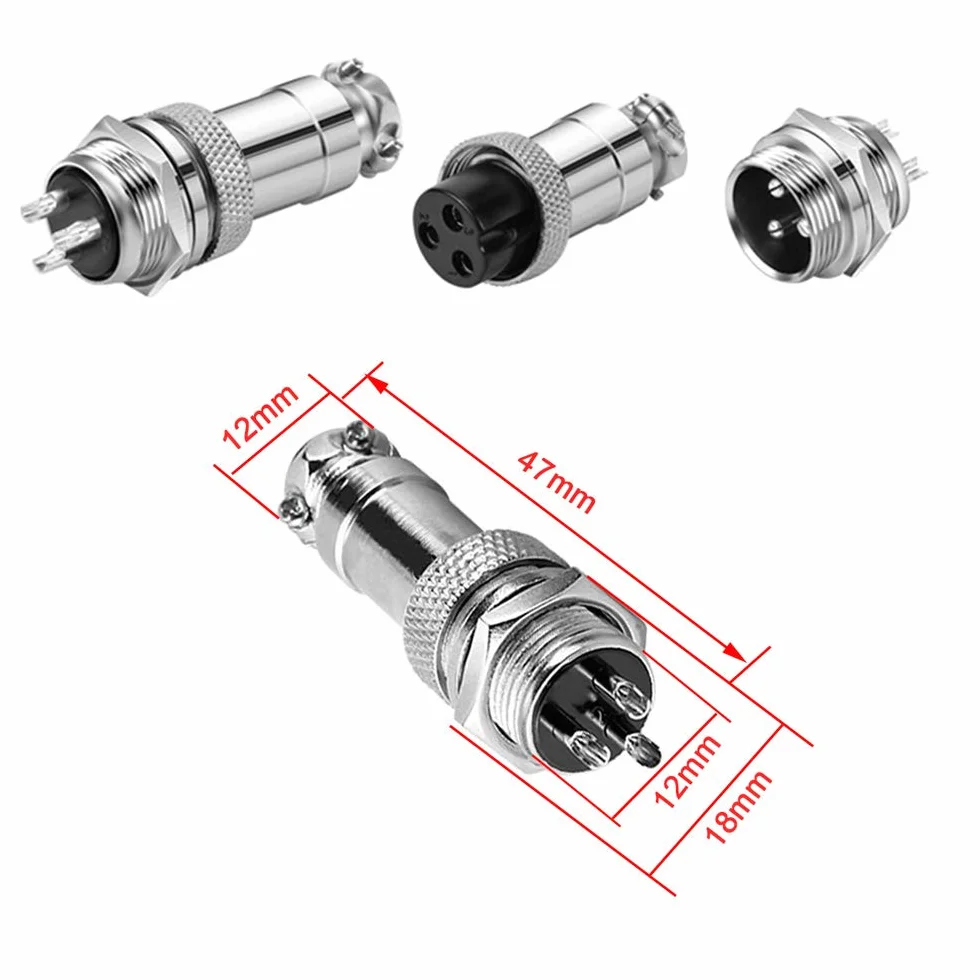 Connecteur Aviation GX12 3 Broches 5A 12mm Mâle Femelle Métal Panneau