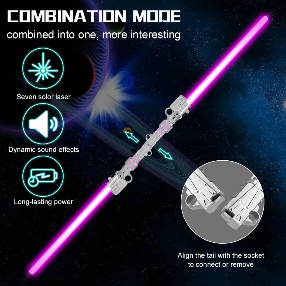 Sabre Laser 7 Couleurs 2 en 1 Épée Laser LED avec Son Rétractable Rechargeable USB Argent 34-66cm