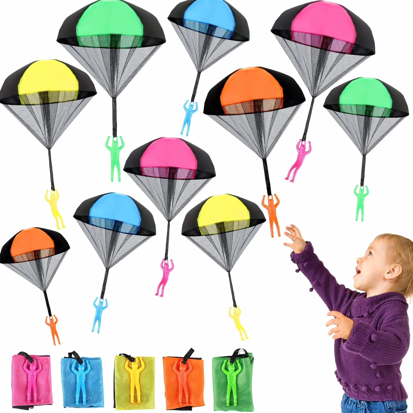 Parachute Jouet 10 Pièces, Parachutiste Jetant à Main, Jouet Extérieur Enfant, Multi-Couleur