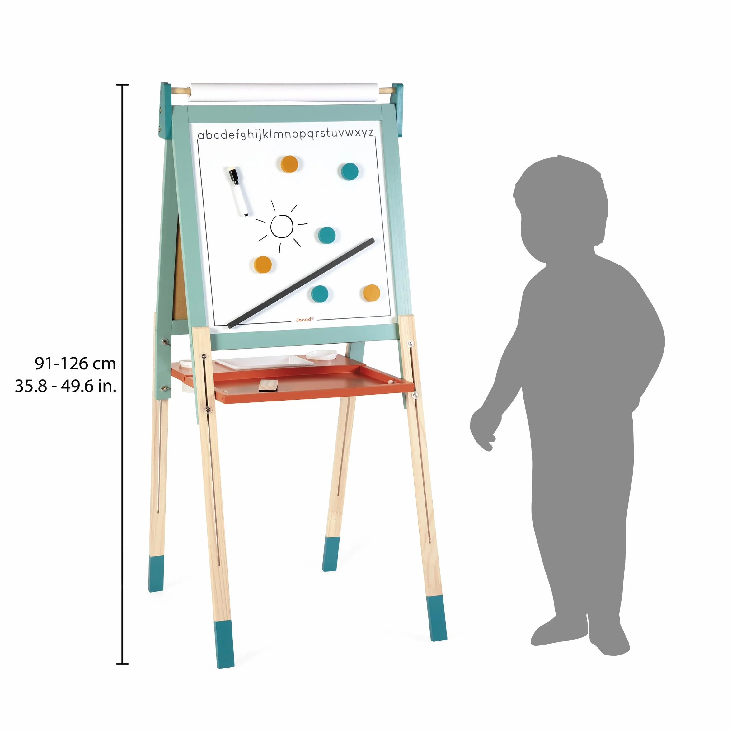 Janod Tableau Chevalet Double Face en Bois Réglable en Hauteur Ardoise Blanche Magnétique + Craie + Rouleau Papier 23 Accessoires Dès 3 Ans