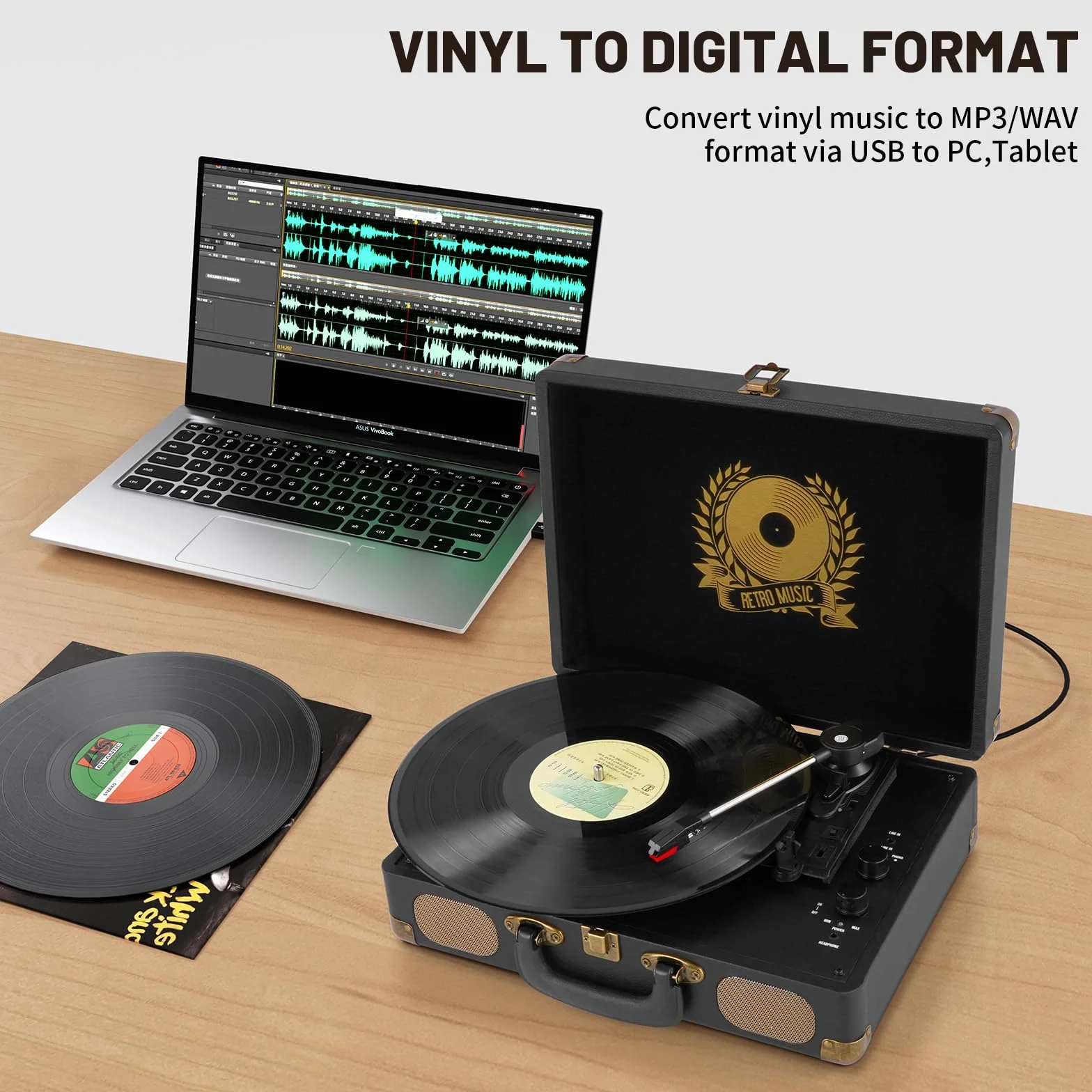 Mersoco Tourne-Disque Bluetooth Portable Vintage, Platine 3 Vitesses 33/45/78 TR/Min, Conversion USB vers MP3, Noir
