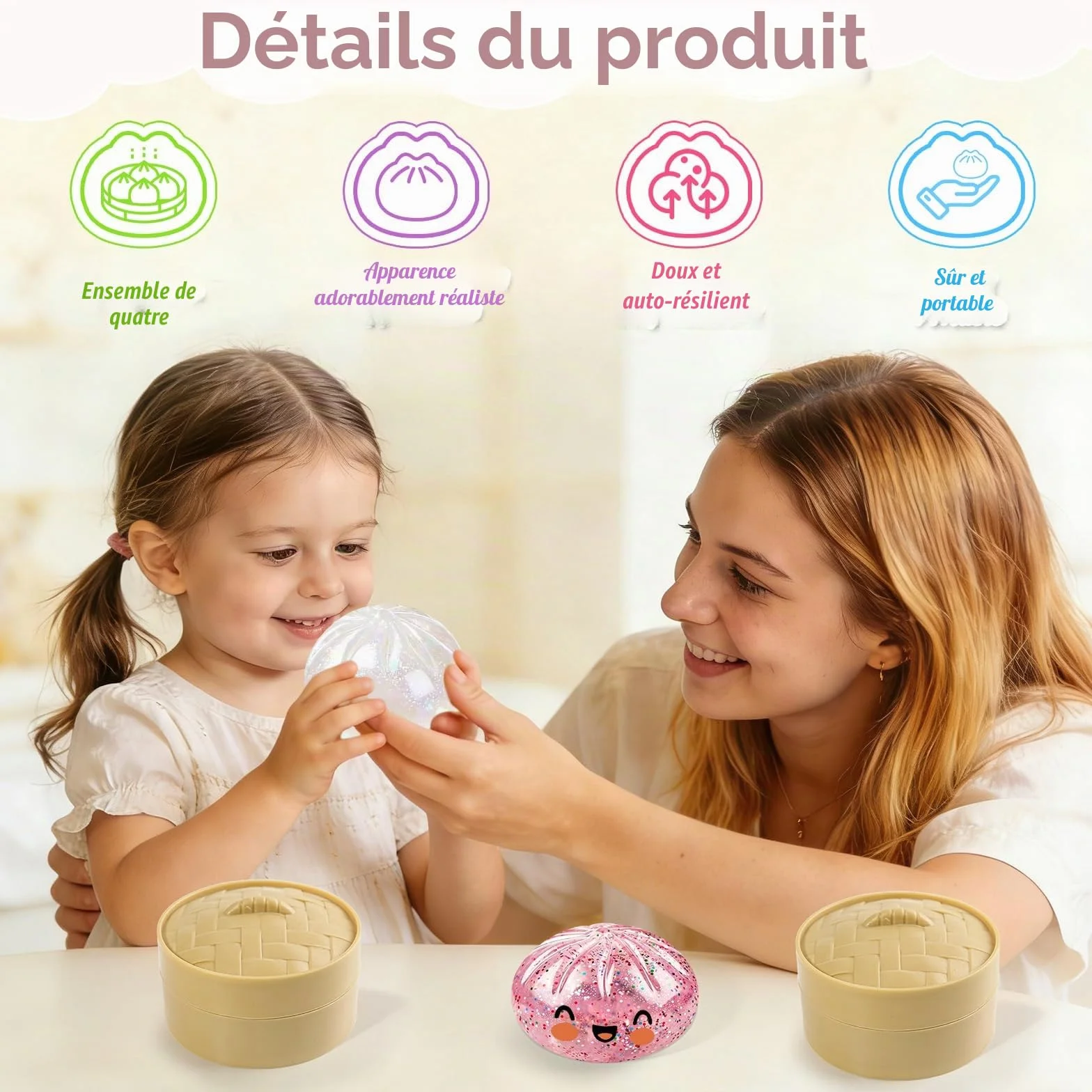 Géant Paillettes Squishys Ravioli Anti-Stress Presser avec Cuiseur Vapeur, Jouets Anti-Stress pour Enfant Adulte Rose Transparent