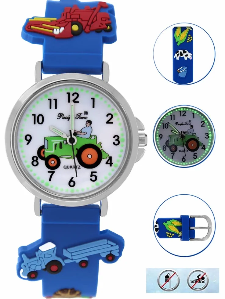 Pacific Time Horloge enfants montre bracelet argenté garçon tracteur ferme analogique quartz bleu