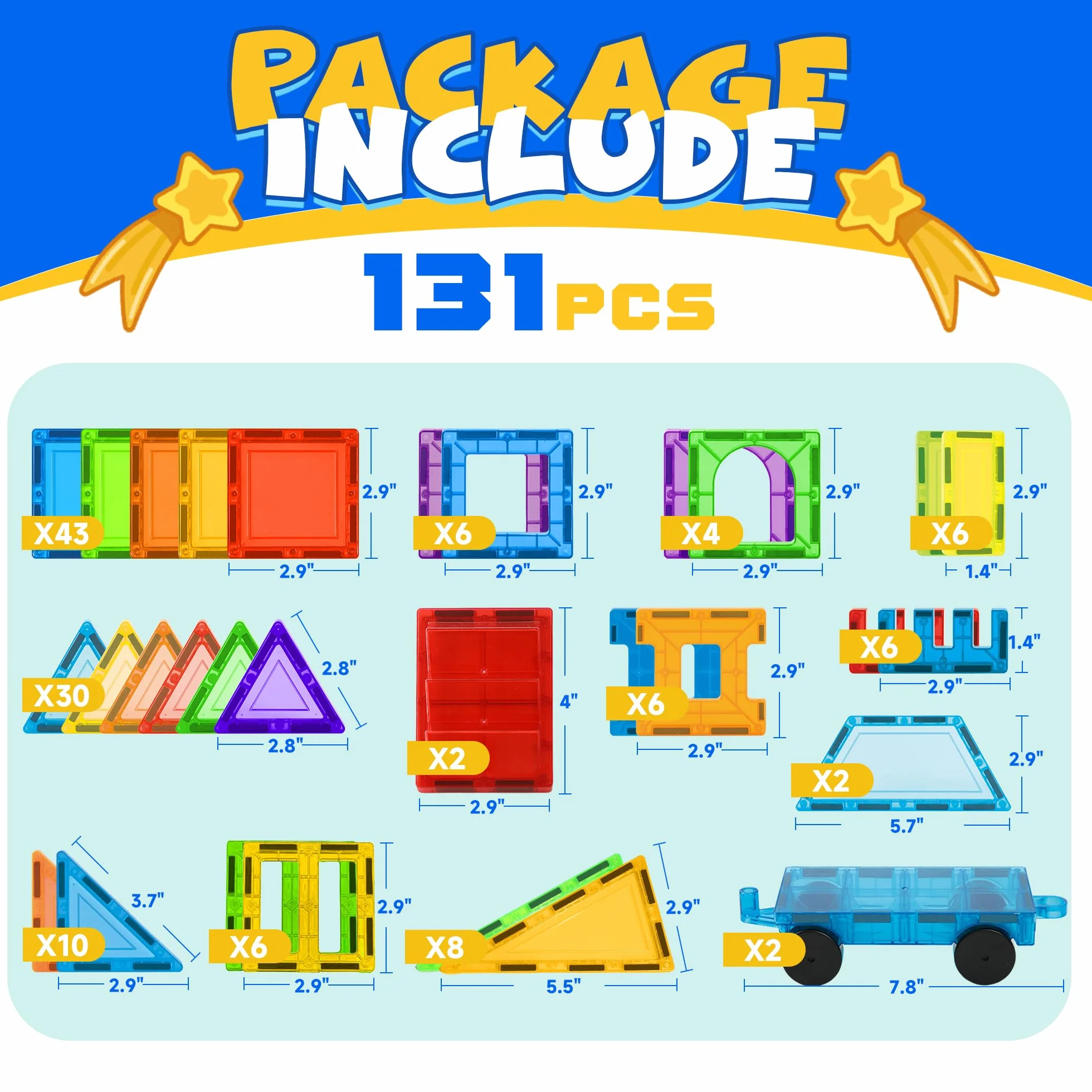 Blocs de Construction Magnétiques 131 PCS avec 2 Voitures, Jouets pour Enfants 3-8 Ans Multicolore