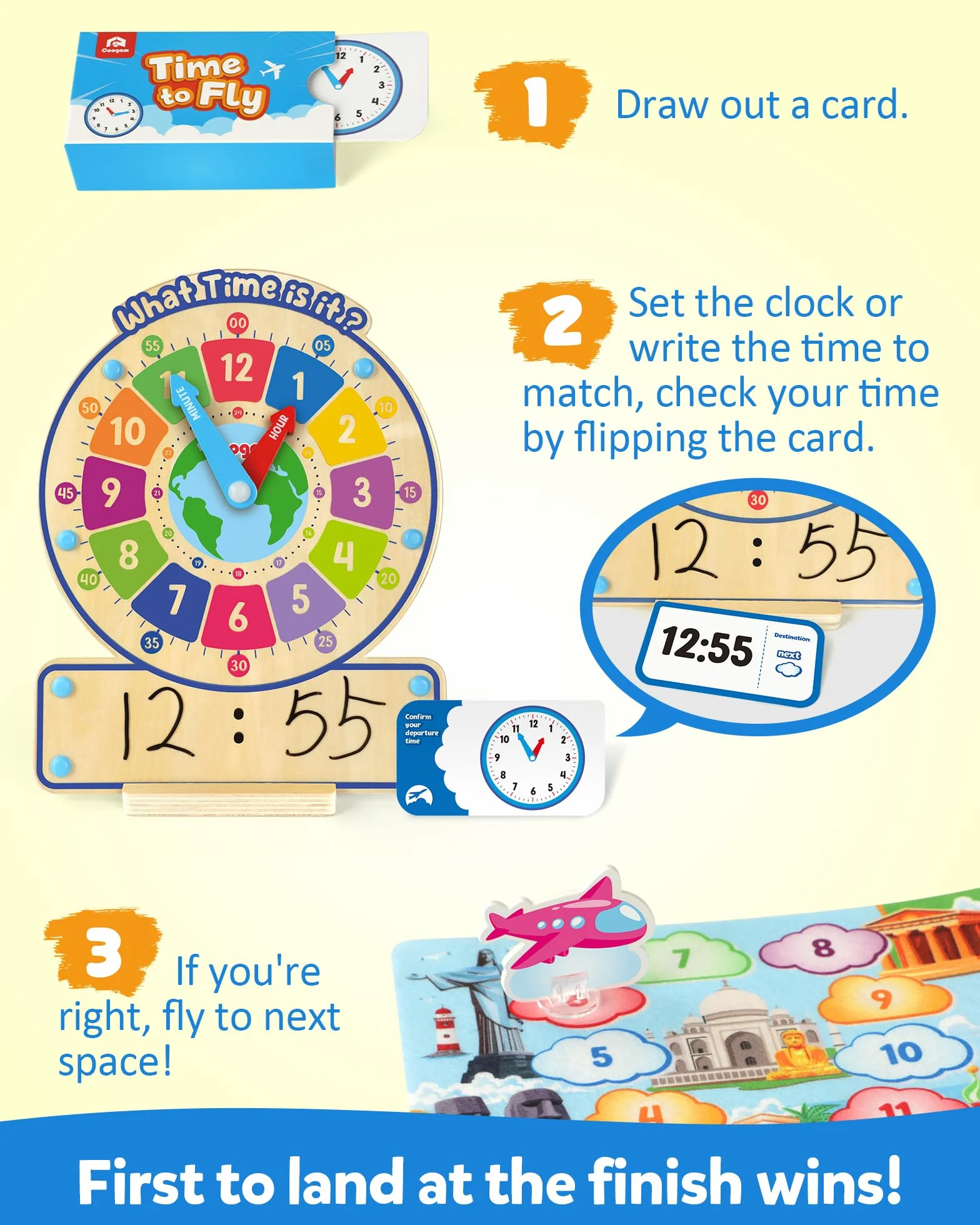 Coogam Horloge en Bois d'Enseignement du Temps, Jeu Éducatif pour Enfants 3 4 5 Ans