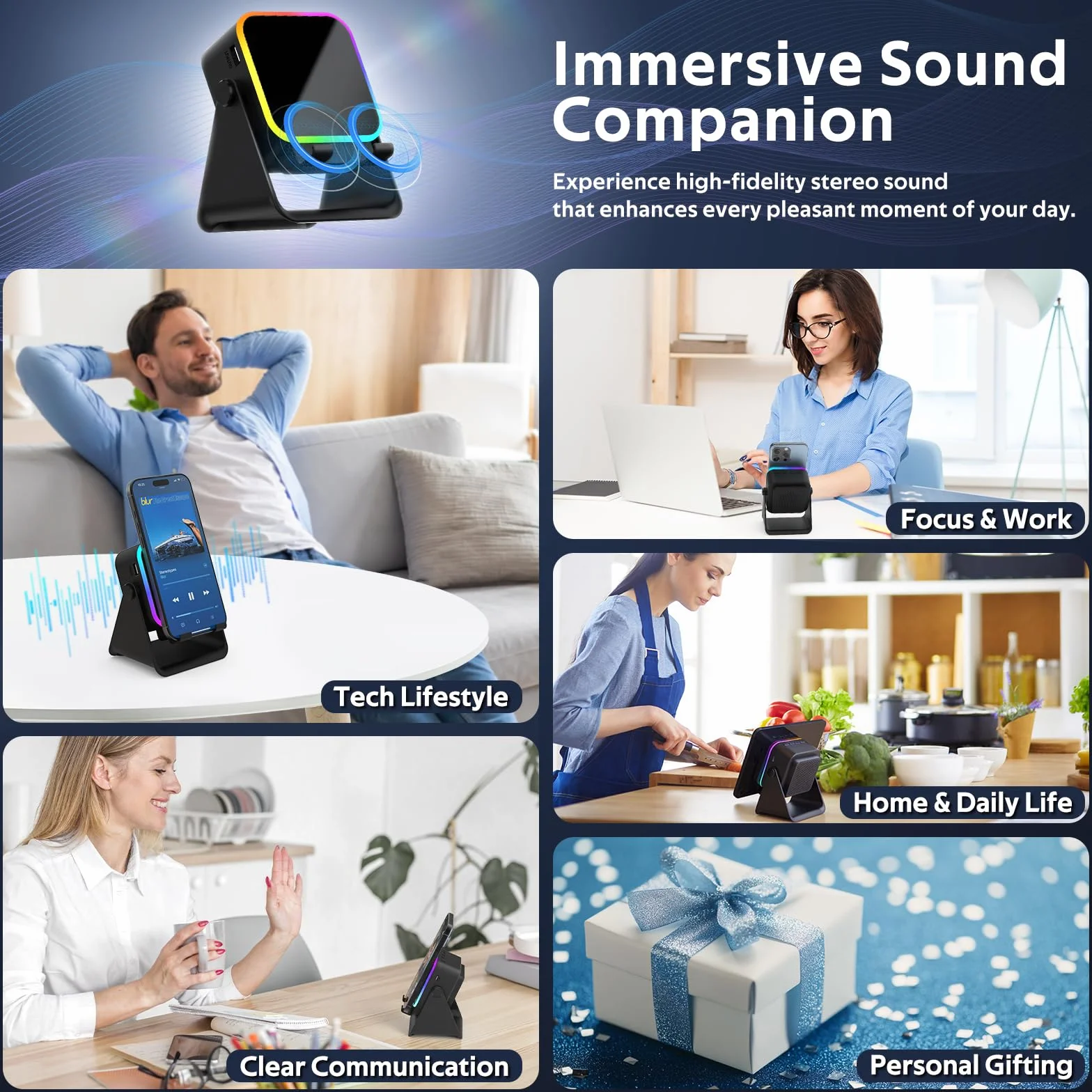 Enceinte Bluetooth à Induction avec Support Téléphone, Cadeau Fête des Pères Homme Original Utile