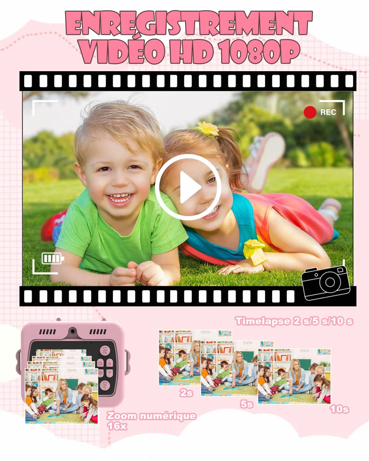 Appareil Photo Instantané Enfants Licorne 2.4" Écran Vidéo 1080P Zoom 16X Impression Thermique 32Go Rose