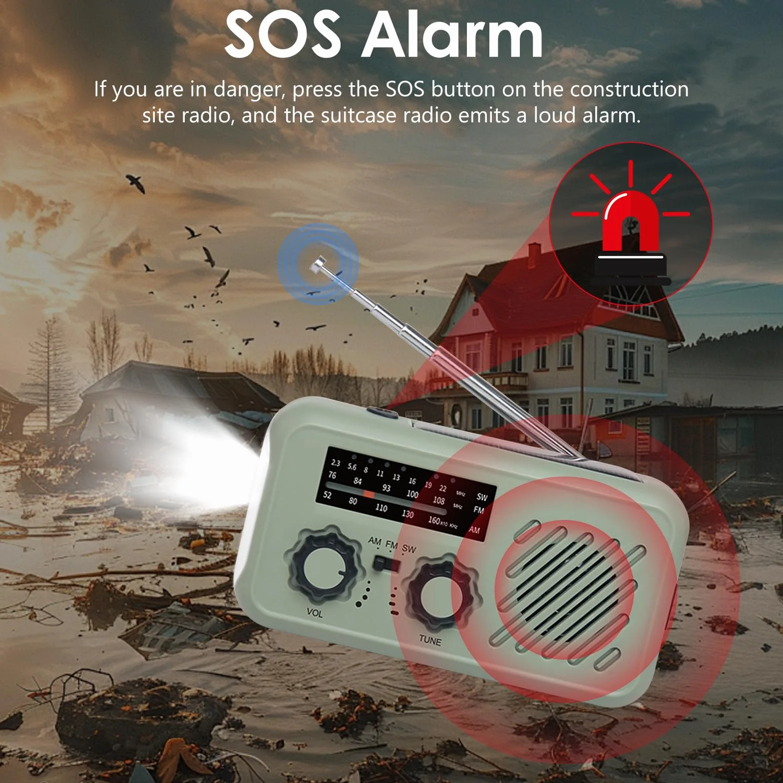 Radio Solaire d'Urgence AM/FM/WB Portable avec Batterie 2000mAh, LED, SOS, Recharge Téléphone
