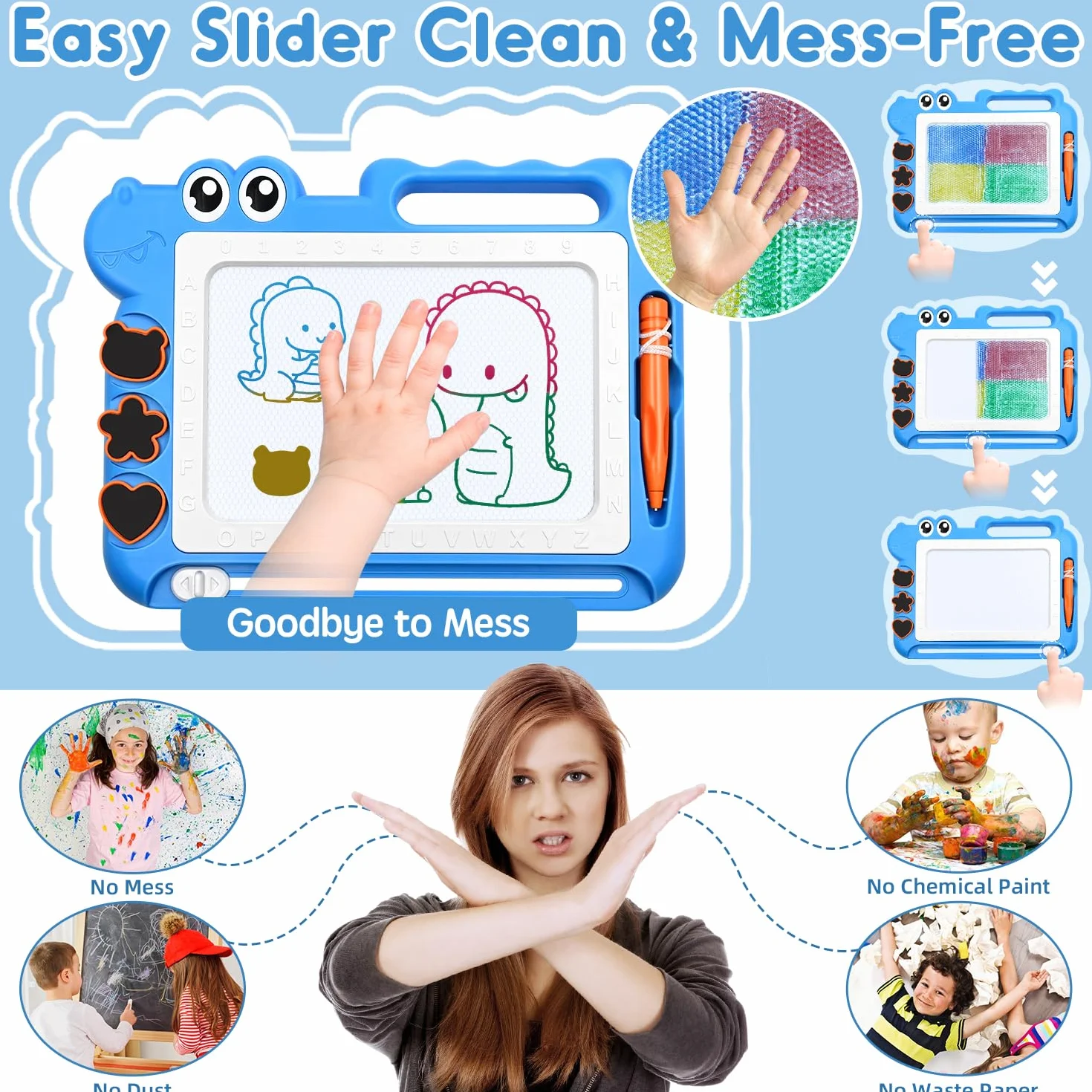 AiTuiTui Ardoise Magique Jouet Enfant 3-5 Ans, Ardoise Gribouillage Magnétique Effaçable, Jeu Educatif Cadeau Filles Garçons, 4 Zones Couleur 3 Tampons 1 Stylo, Bleu