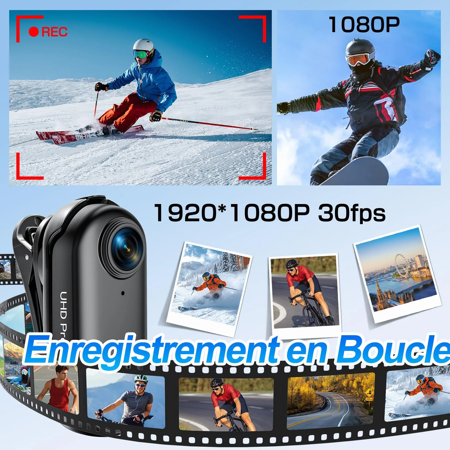 Caméra Sport WiFi Étanche 30m 1080P HD Moto 360 Objectif Grand Angle 150° Dashcam Moto Mini