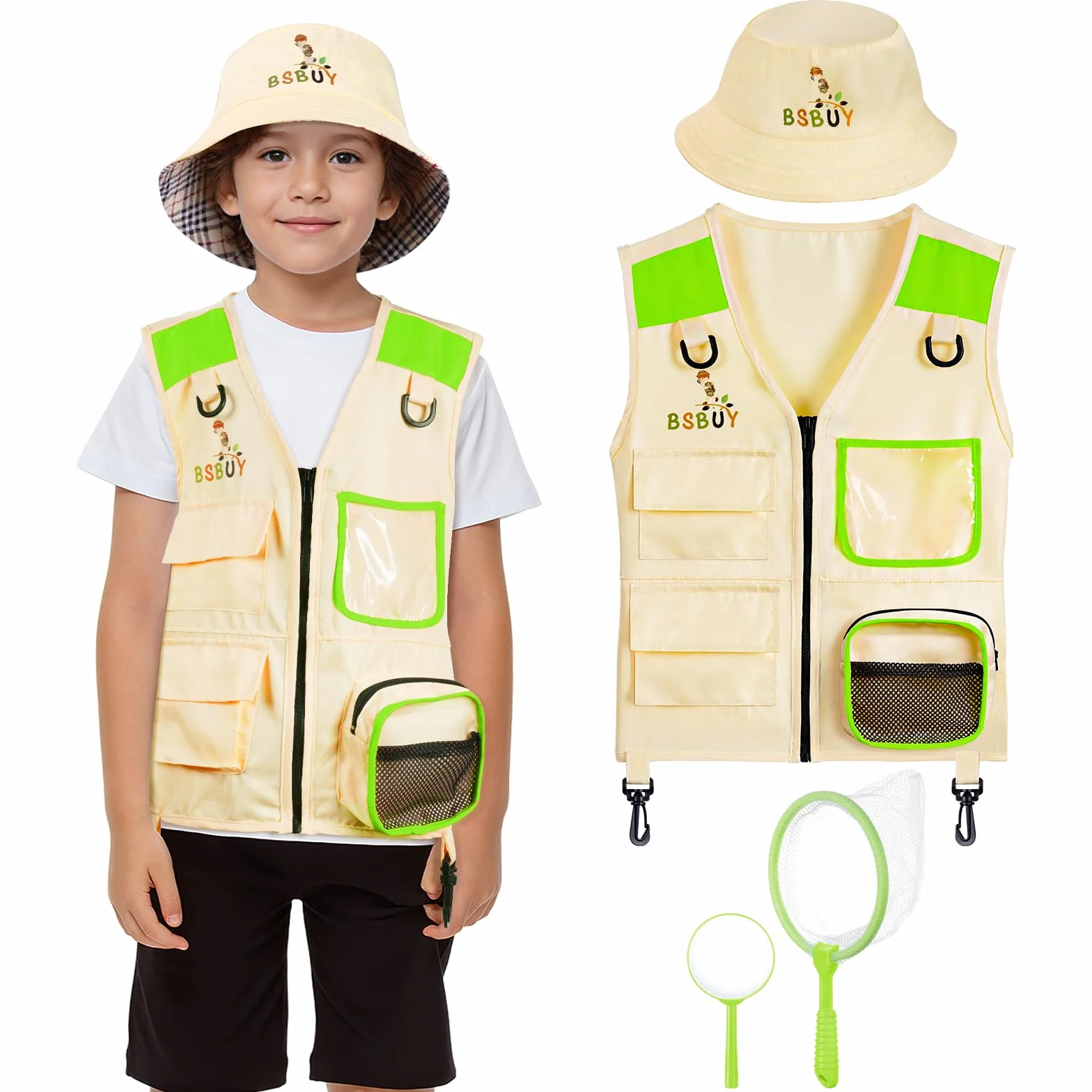 Kit de Exploration Enfant 4Pcs Aventurier Extérieur avec Gilet Safari Chapeau Filet à Papillon Loupe