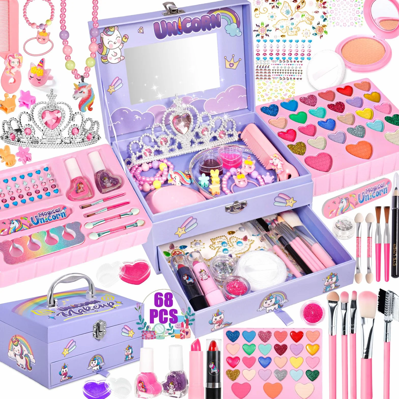Coffret Maquillage Enfant Filles, 68pcs Lavable Malette Maquillage Jouet, Cadeau Noël Anniversaire 4-10+ Ans