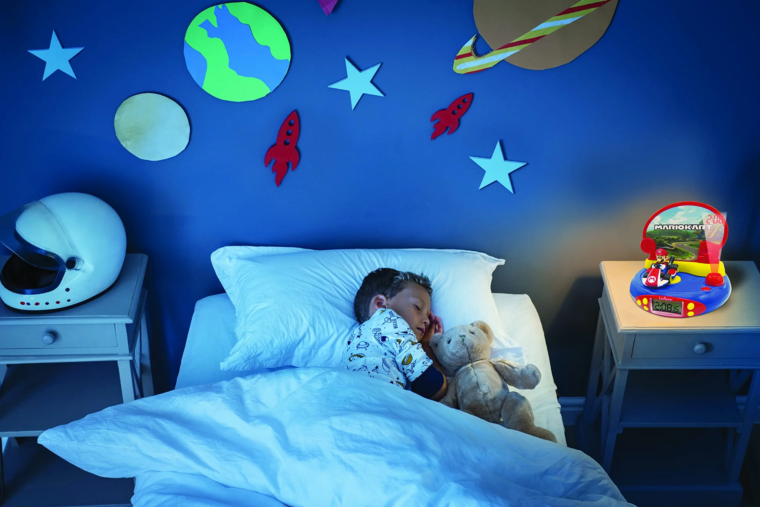 Lexibook Mario Kart réveil projecteur veilleuse intégrée projection heure plafond effets sonores piles rouge bleu RP500NI