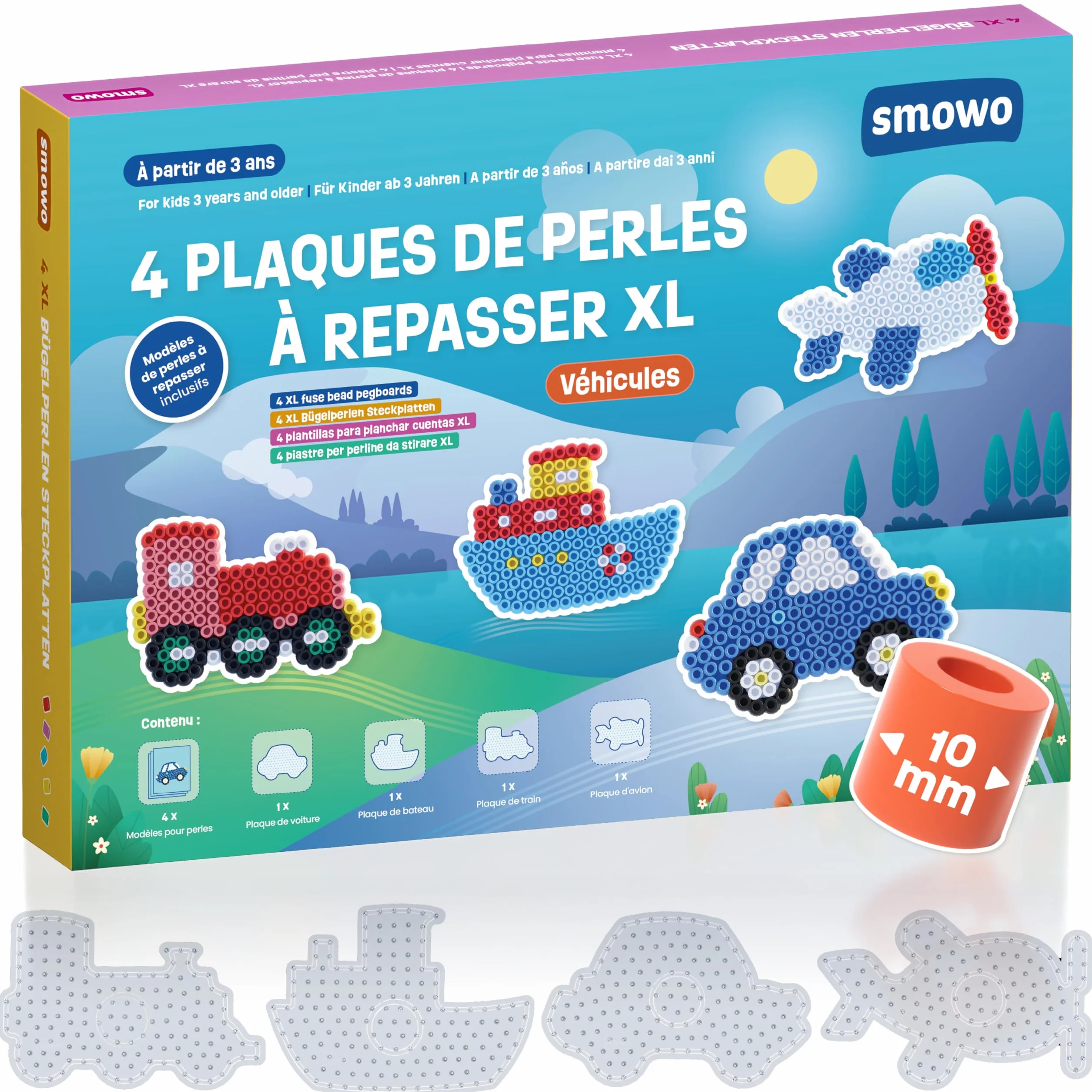 Smowo Perles à repasser 10 mm - 4 plaques et modèles - Voiture bateau train avion - Grandes plaques stylo Maxi pour enfants dès 3 ans