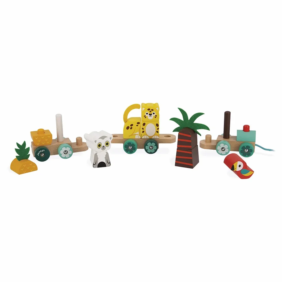 Janod Train Tropical à Tirer Tropik Jouet en Bois 11 Pièces 3 Wagons Motricité Coordination Main Œil FSC Dès 1 an