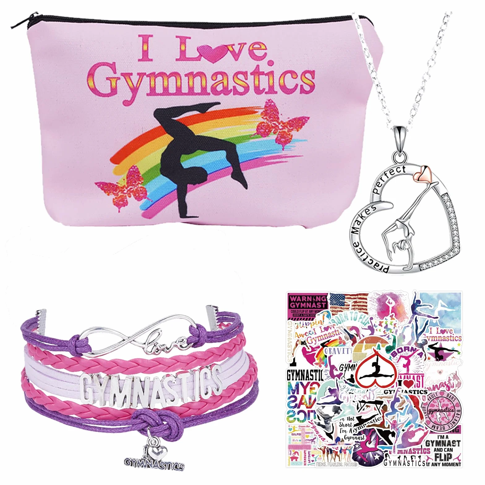 Ensemble d'accessoires de gymnastique pour fille – Bracelet, chaîne, trousse de maquillage et autocollant – Sac de gym