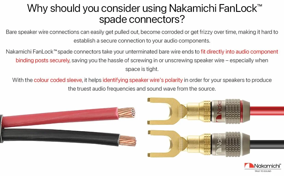 Nakamichi FanLock Connecteur à Fourche Fiche Banane plaquée or 24K 10 AWG - 18 AWG Calibre 4mm pour Haut-parleurs Amplificateur Hi-Fi Stéréo, 2 Pièces