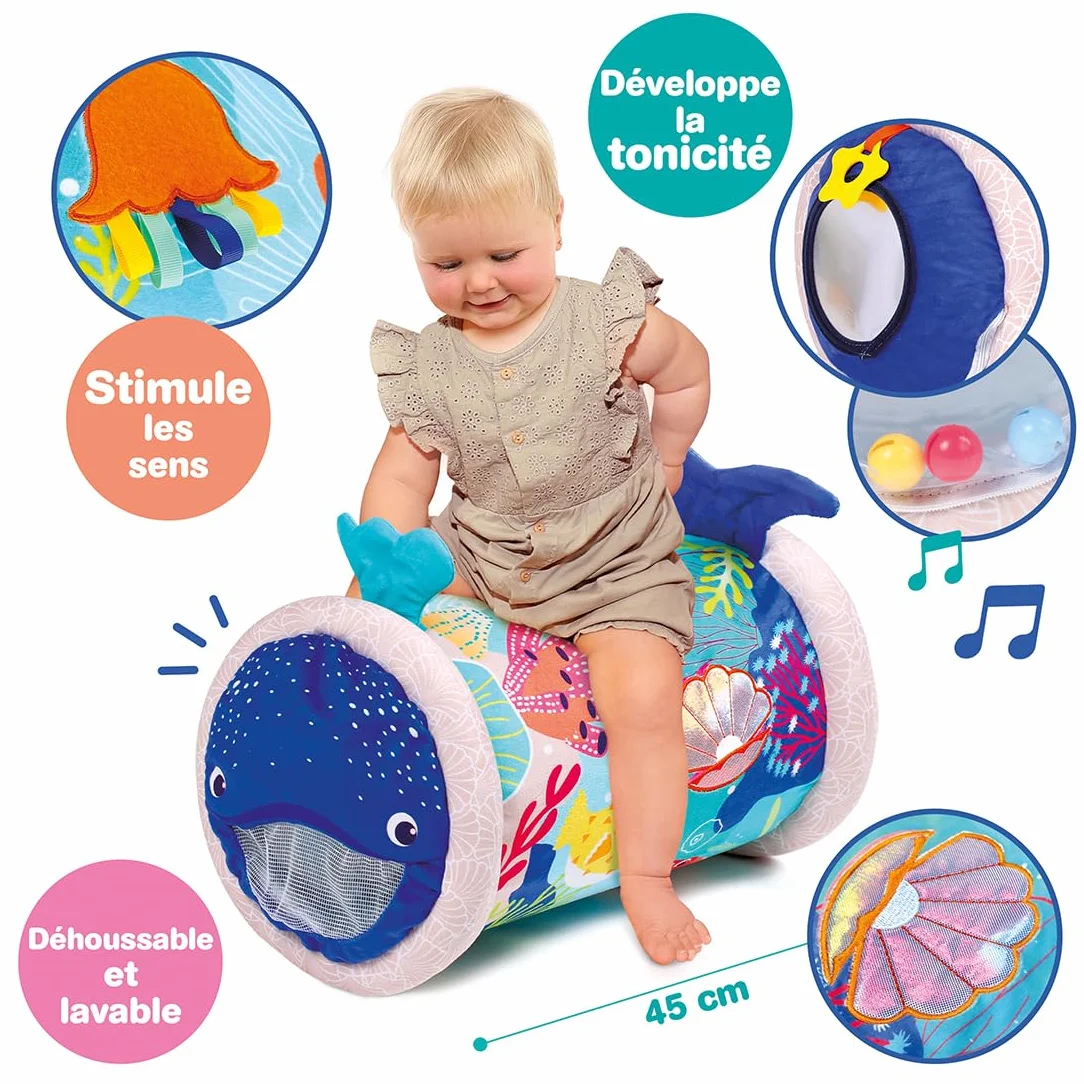 LUDI Baby Roller Baleine Rouleau Gonflable d’activités 6 activités sensorielles 45 x 30 cm Bleu