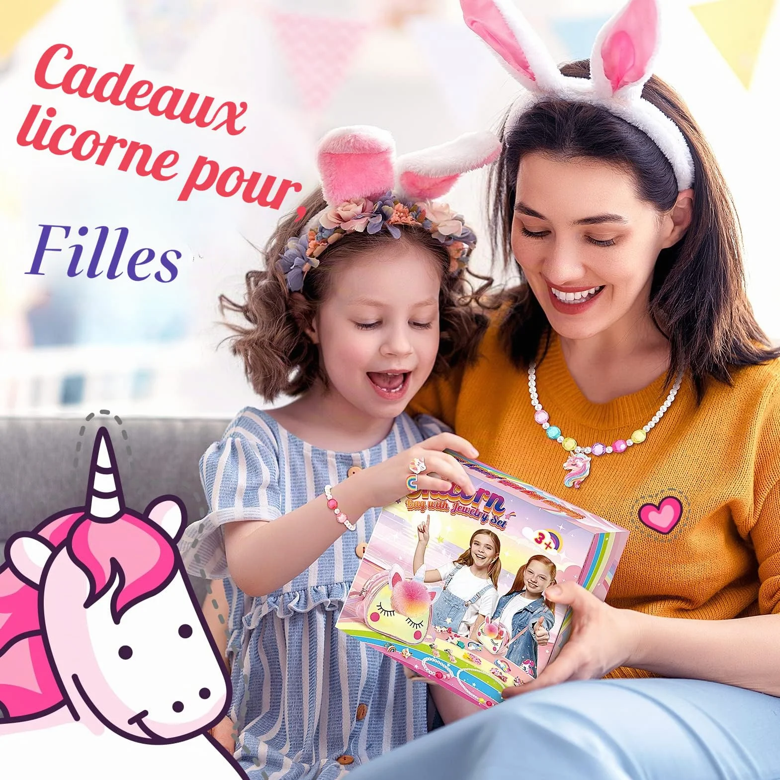 Hapikids Sac à Main Bijoux Enfants Fille Unicorn Collier Bracelet Boucle d'oreille Bagues Kit Cadeau 2-6 Ans