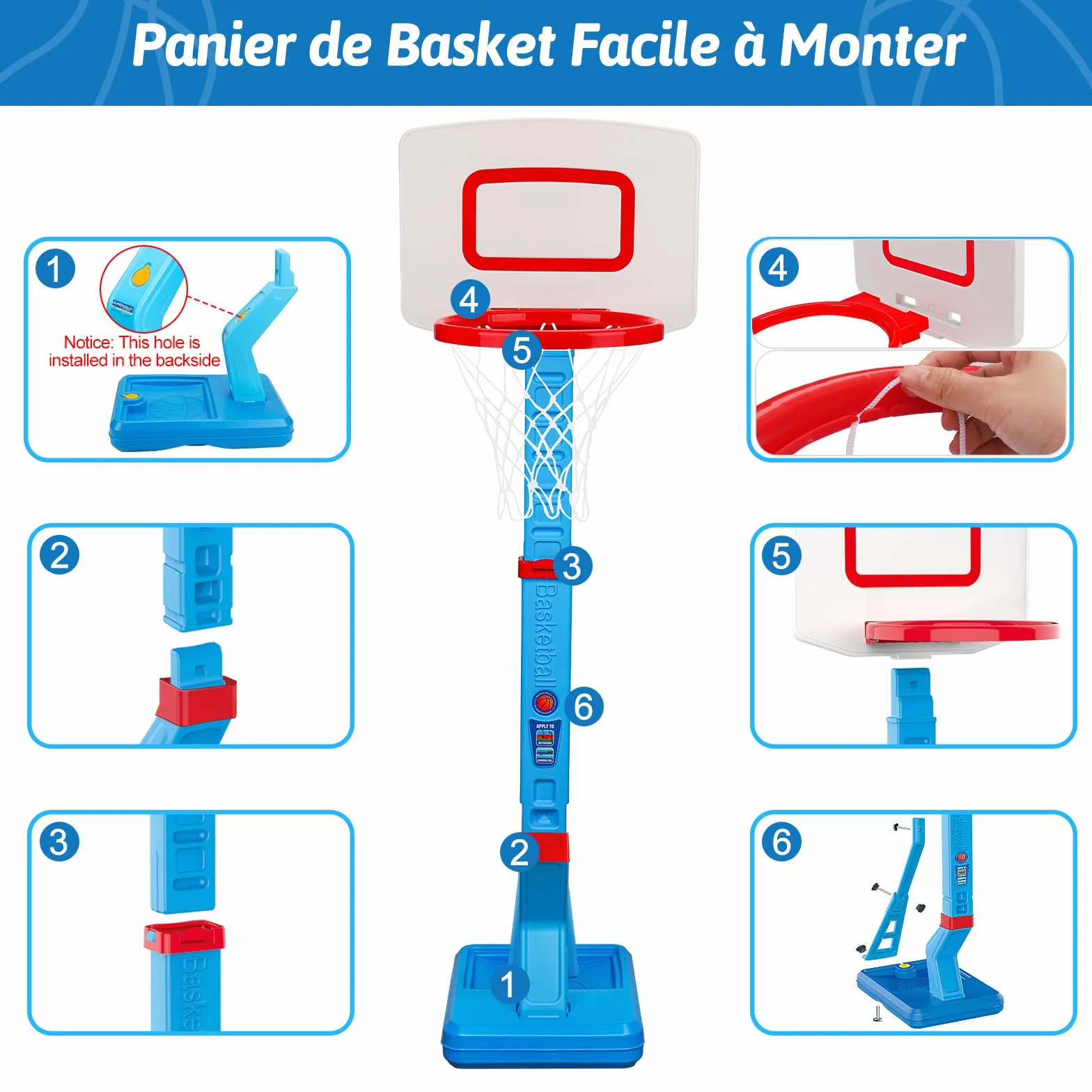 Panier de Basket Enfant Hauteur Réglable 70-138cm avec Ballon et Pompe, Jeu Extérieur Bleu