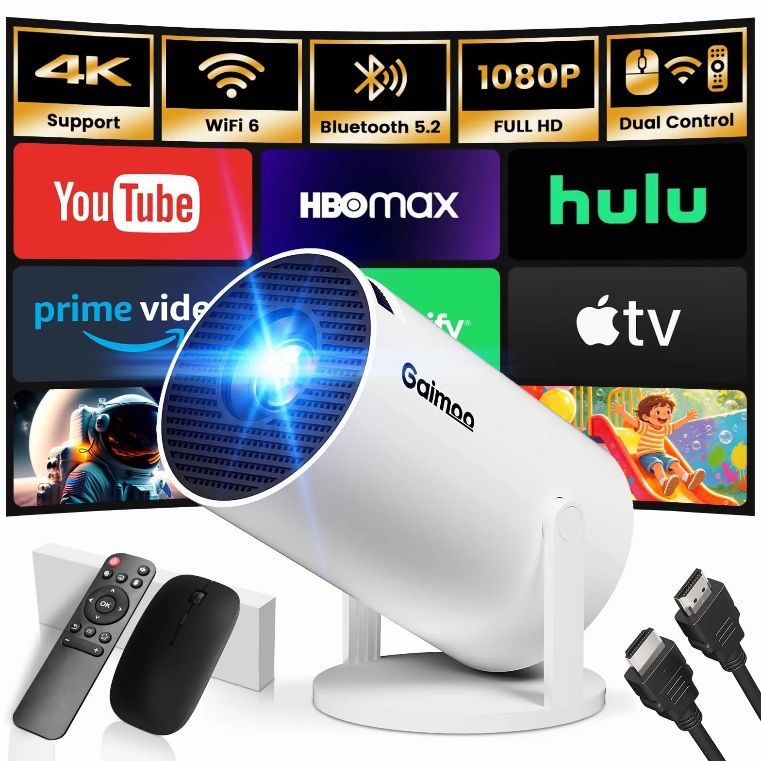 Vidéoprojecteur Portable Mini Projecteur WiFi 6 BT5.2 4K 1080P Auto Keystone 180° Rotation HDMI