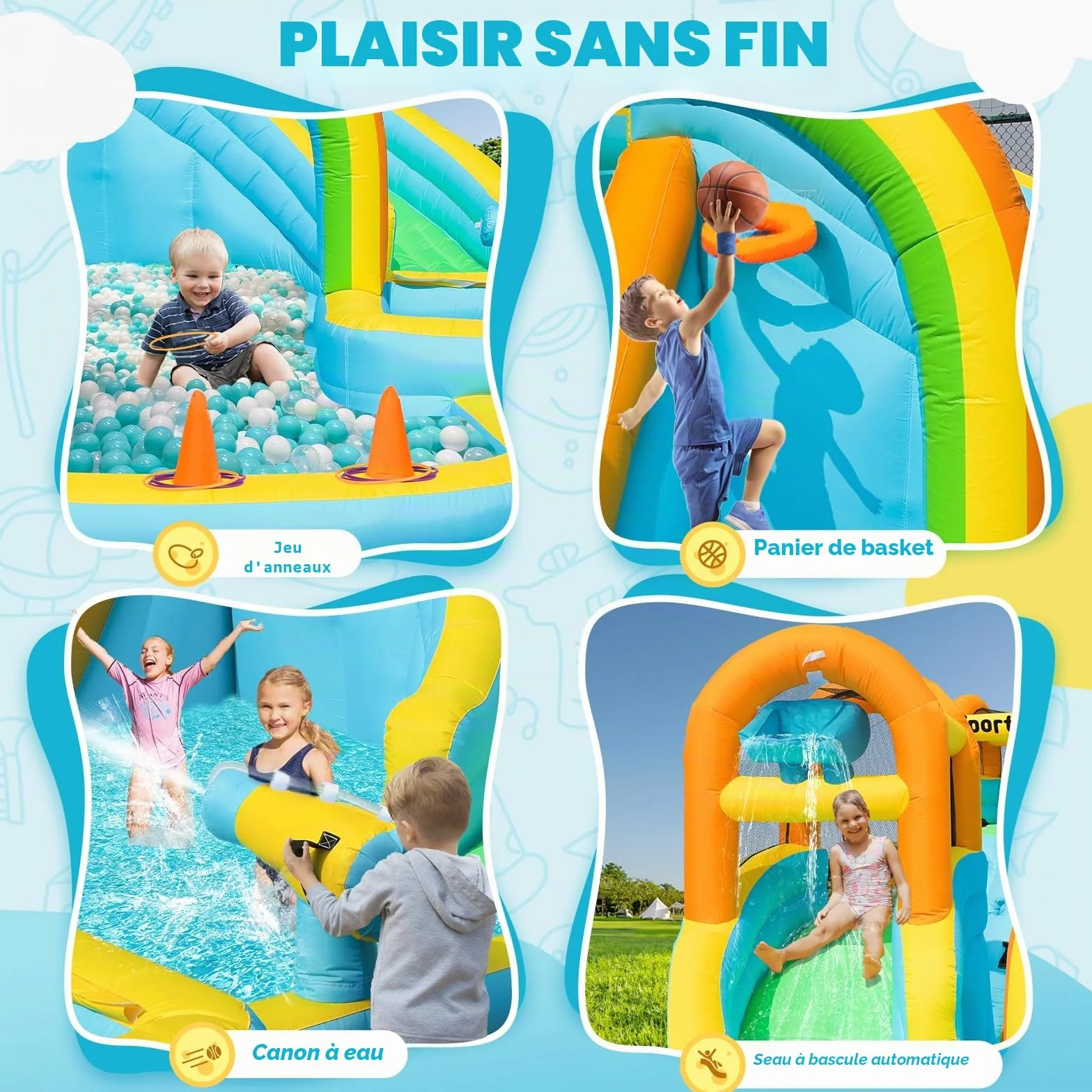 Chateau Gonflable avec Toboggan Double, Aire de Jeux Gonflable pour Enfants, Parc Aquatique avec Piscine d'Éclaboussures