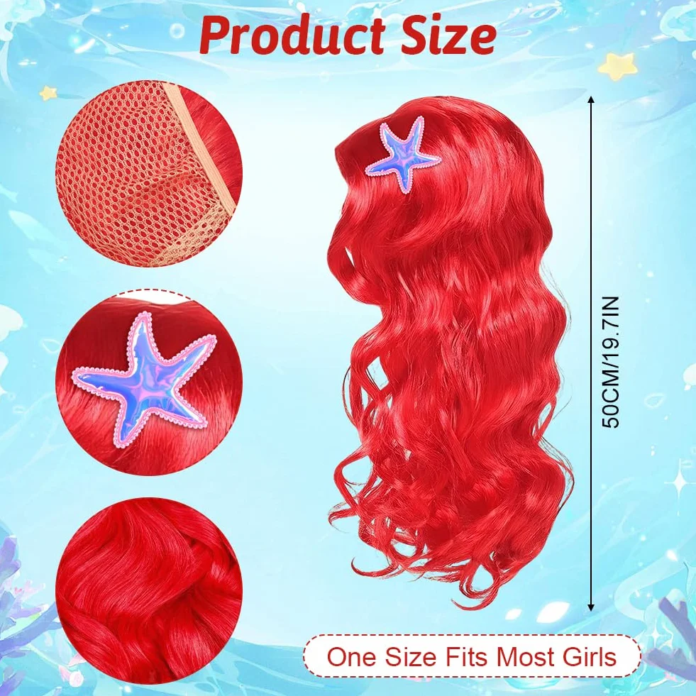 Perruque Sirène Longue Rouge Bouclée pour Fille Costume Halloween Carnaval