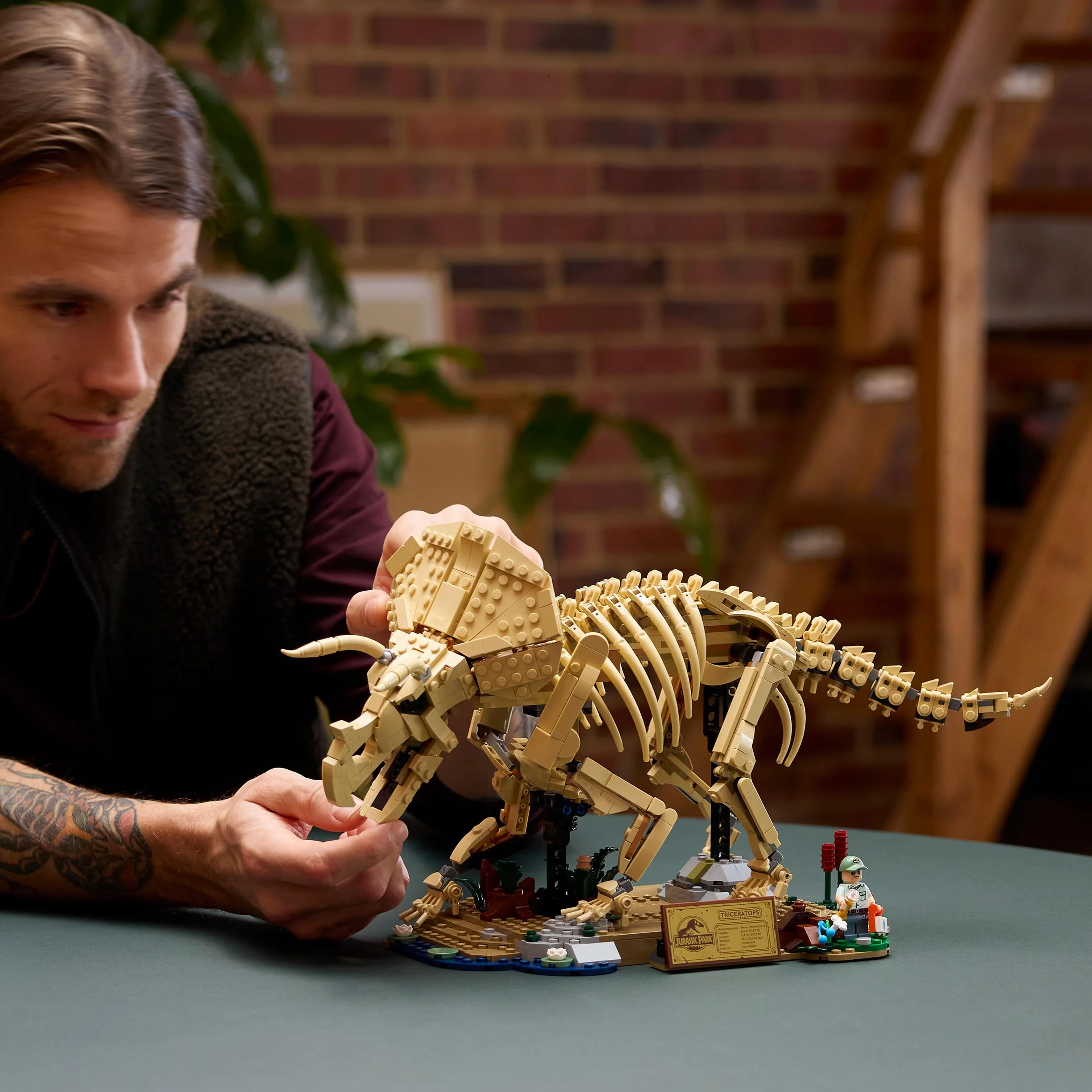 LEGO Jurassic World Les Fossiles de Dinosaure : Le Tricératops Maquette pour Adulte Minifigurine Dr Gerry Harding 77985