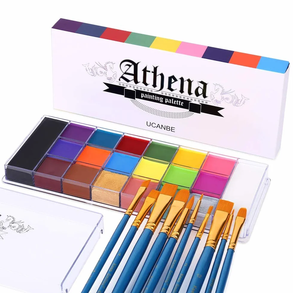 UCANBE Peinture Corporelle 20 Couleurs avec 10 Pinceaux - Maquillage Visage Longue Durée Sécurité - Ensemble pour Enfants Adultes Théâtre Carnaval Halloween