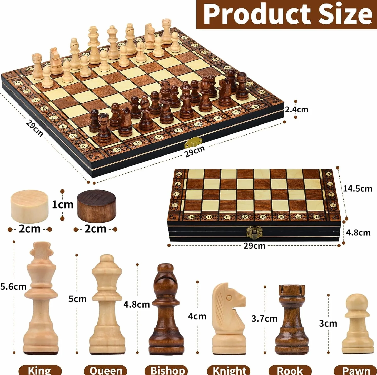 Jeu d'Échecs 2 en 1, Échiquier Magnétique en Bois Pliable avec Rangement, 29x29 cm