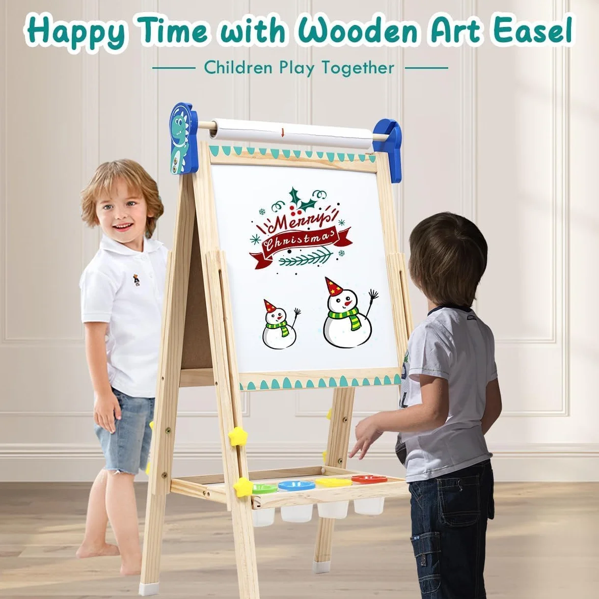 Chevalet pour Enfants en Bois 3 en 1 Tableau de Dessin Double Faces Pliable Réglable en Hauteur avec Rouleau de Papier et Accessoires 3+ Ans Cadeaux
