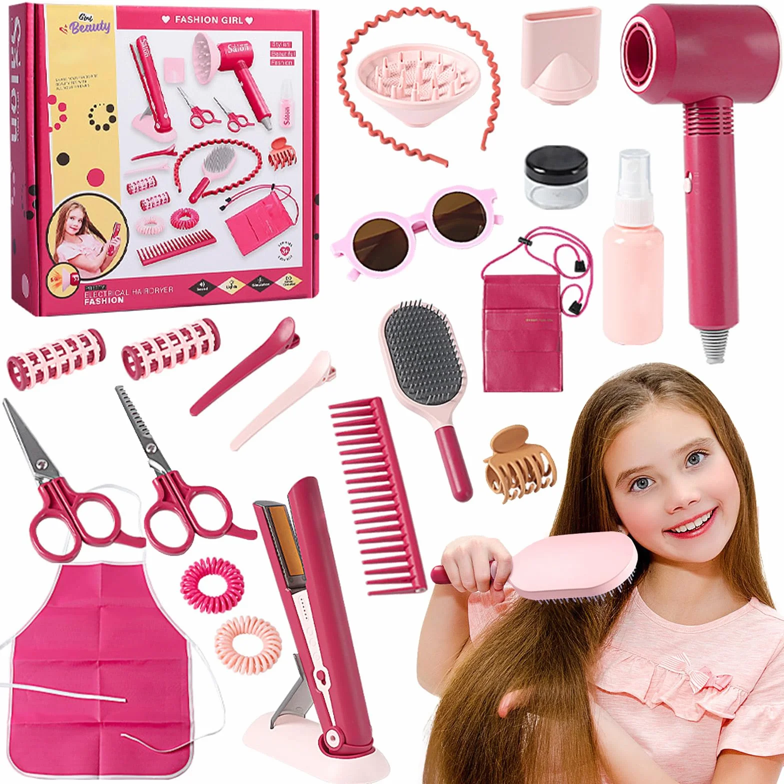 Ensemble de Salon de Beauté 22 Pièces Kit Coiffure Enfants Jouets Simulation Coiffeur 3+ Ans