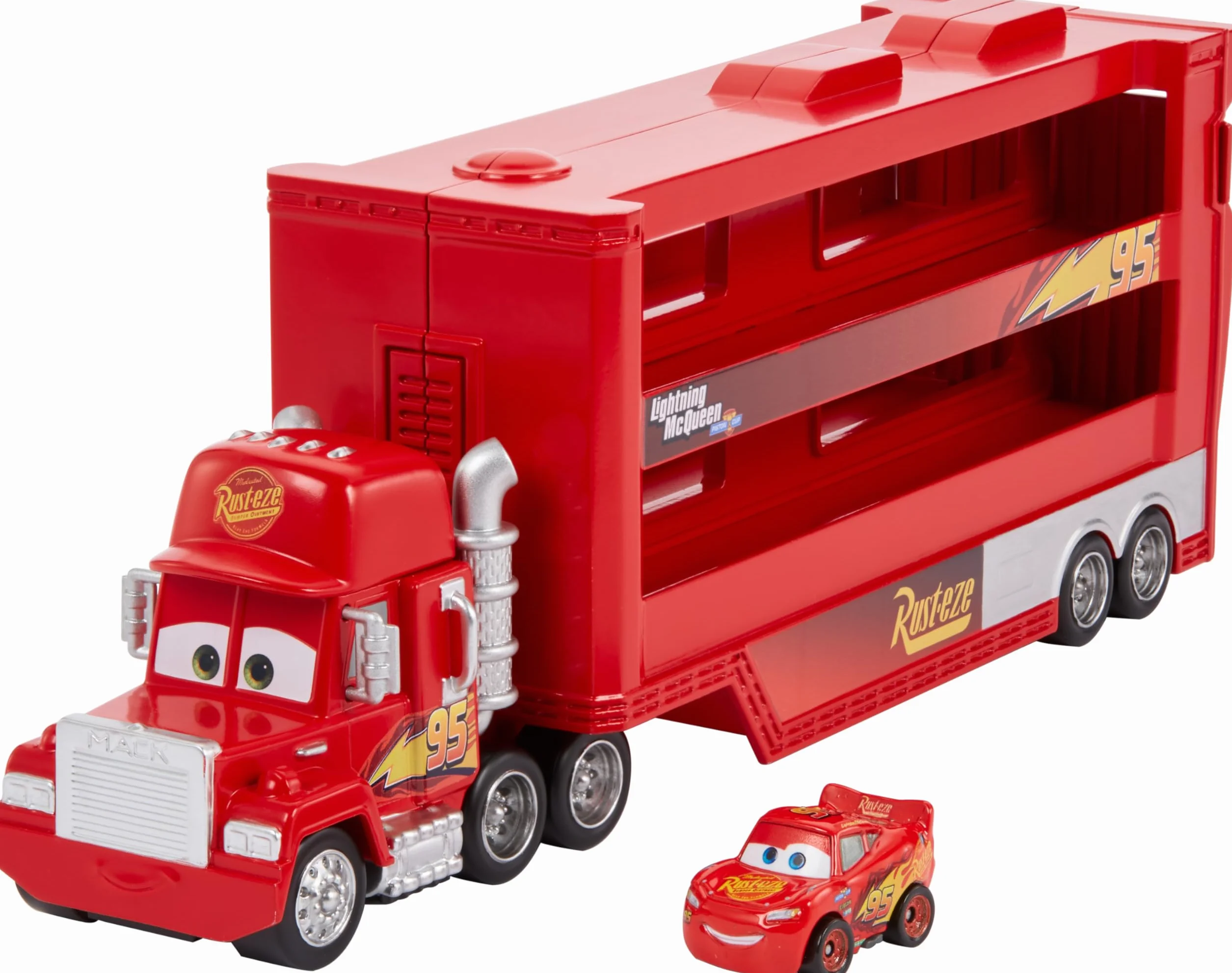 Mattel Disney Pixar Cars Camion Transporteur Mack GNW34, jouet enfant avec Flash McQueen pour 18 mini-véhicules