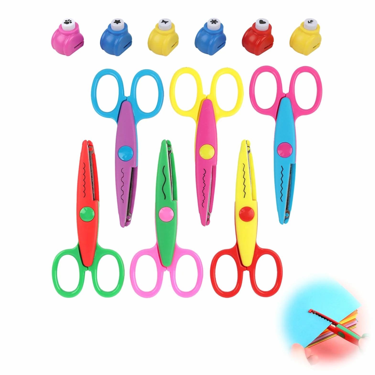 Ciseaux de Bricolage pour Enfants Lot de 6 avec Perforatrices, Formes de Coupe, Sécurité Crèche DIY