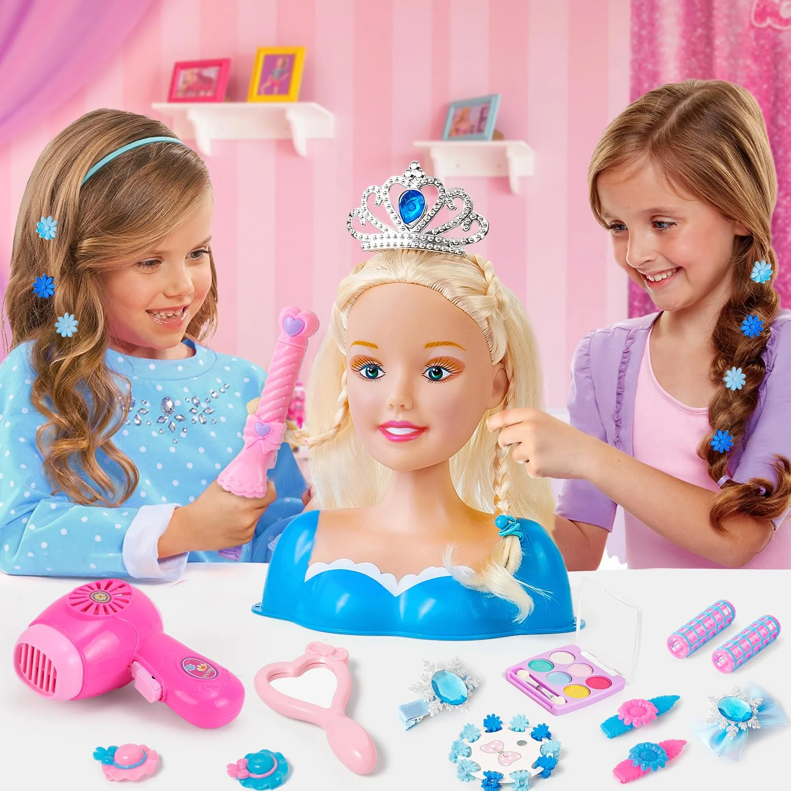 Kit de salon de coiffure pour enfants, 52 pièces jouets de coiffure, accessoires de beauté, cadeaux filles 3-6 ans