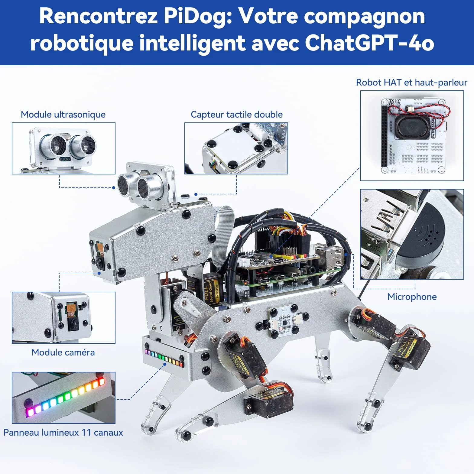 SUNFOUNDER PiDog Kit Robot Chien IA pour Raspberry Pi 5/4/3B+/Zero 2W, OpenClaw LLMs ChatGPT/Gemini/Grok, Reconnaissance vocale et vidéo, Python, App, Batterie, Gyroscope, Caméra (RPI Non Inclus)