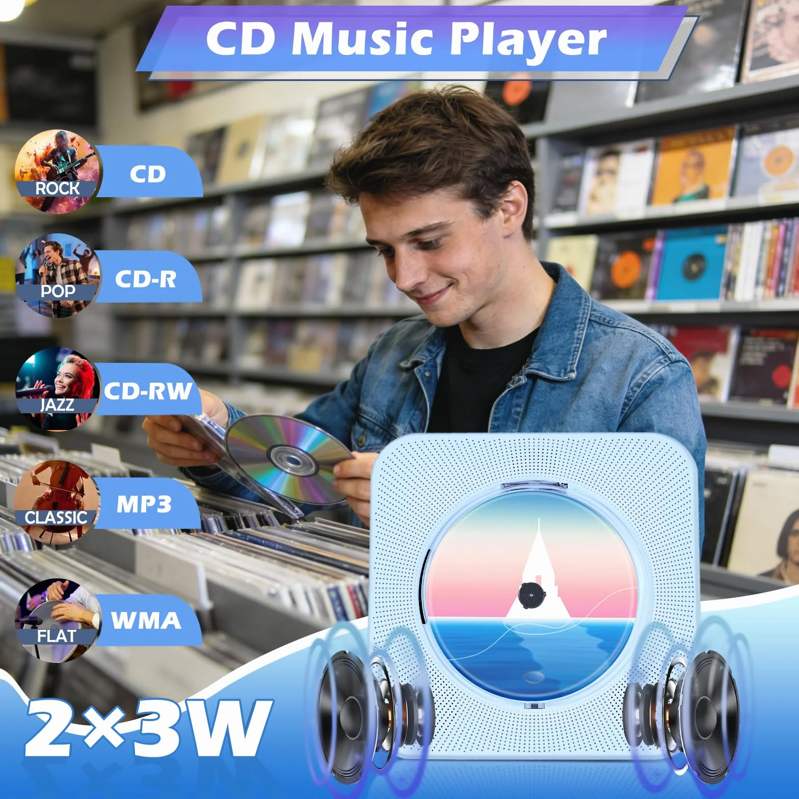 Lecteur CD Portable Enfants Radio Bluetooth Haut-Parleur HiFi USB FM Prise Casque Minuterie Veille Bleu