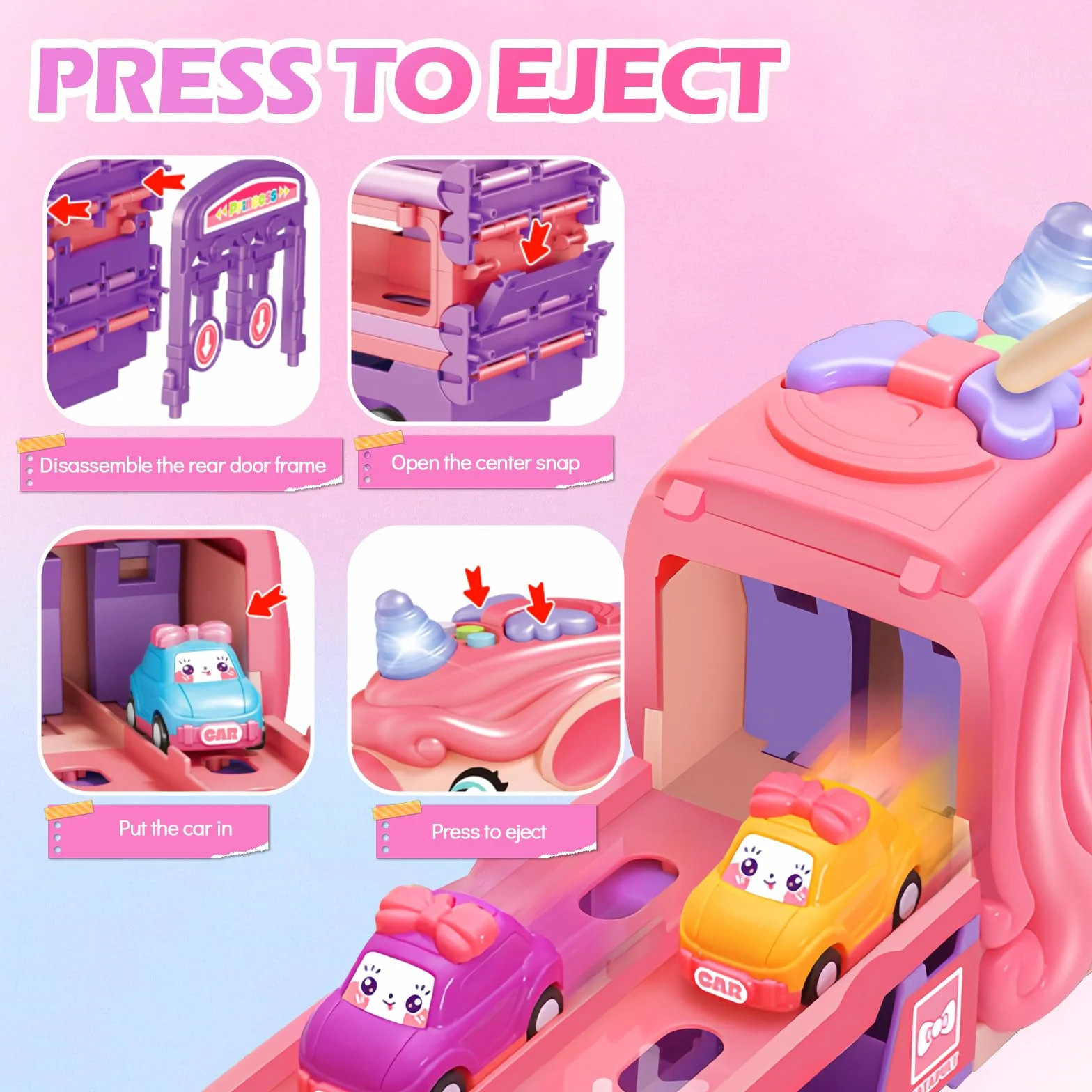 RoserRose Camion Licorne pour Fille 2-6 Ans avec 6 Mini-Voitures et Piste de Course, Lumières et Musique, Cadeau Enfant