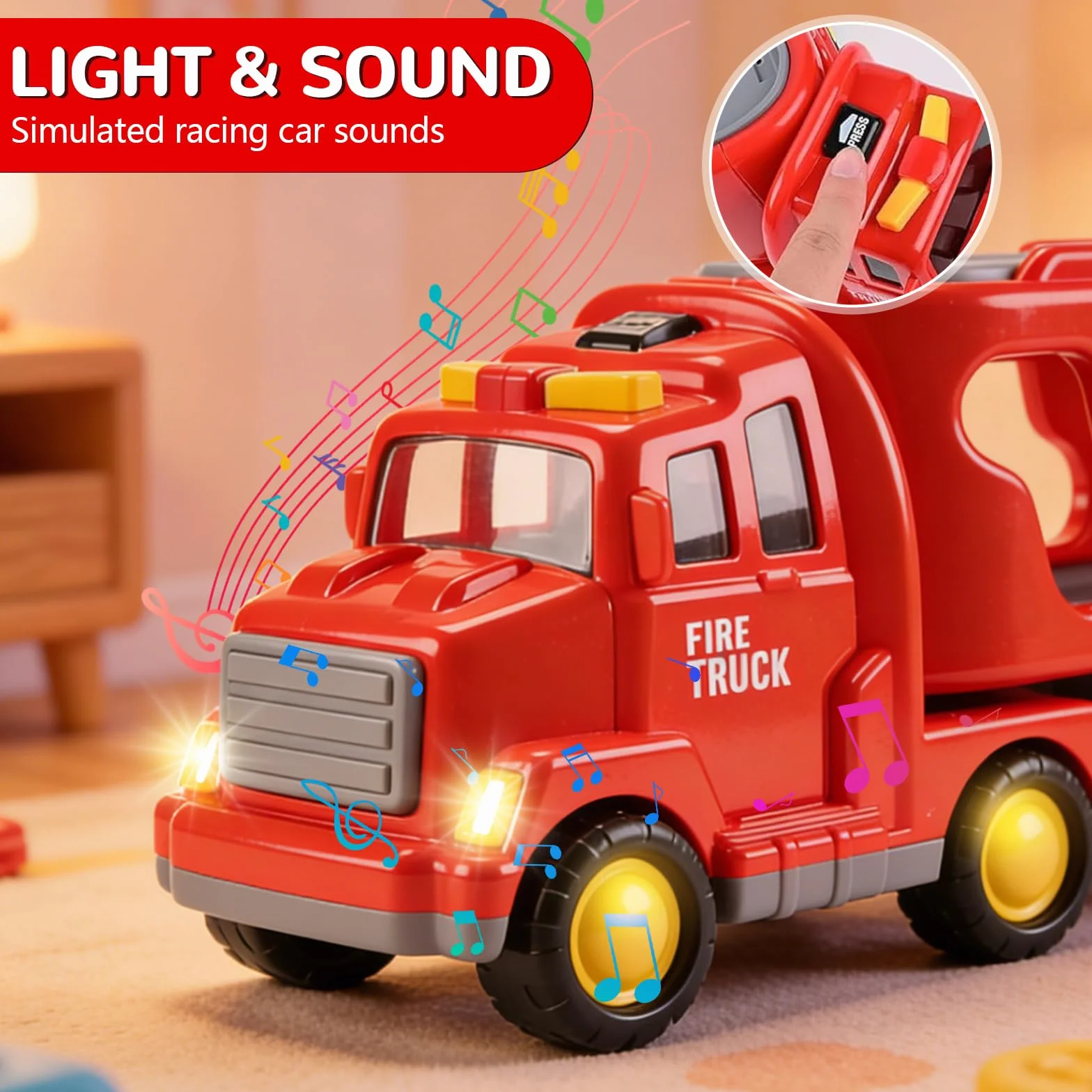 Camion de Pompiers 5 en 1 Jouet avec 4 Véhicules, Sons et Lumières Transporteur à Friction pour Enfants 3-6 Ans
