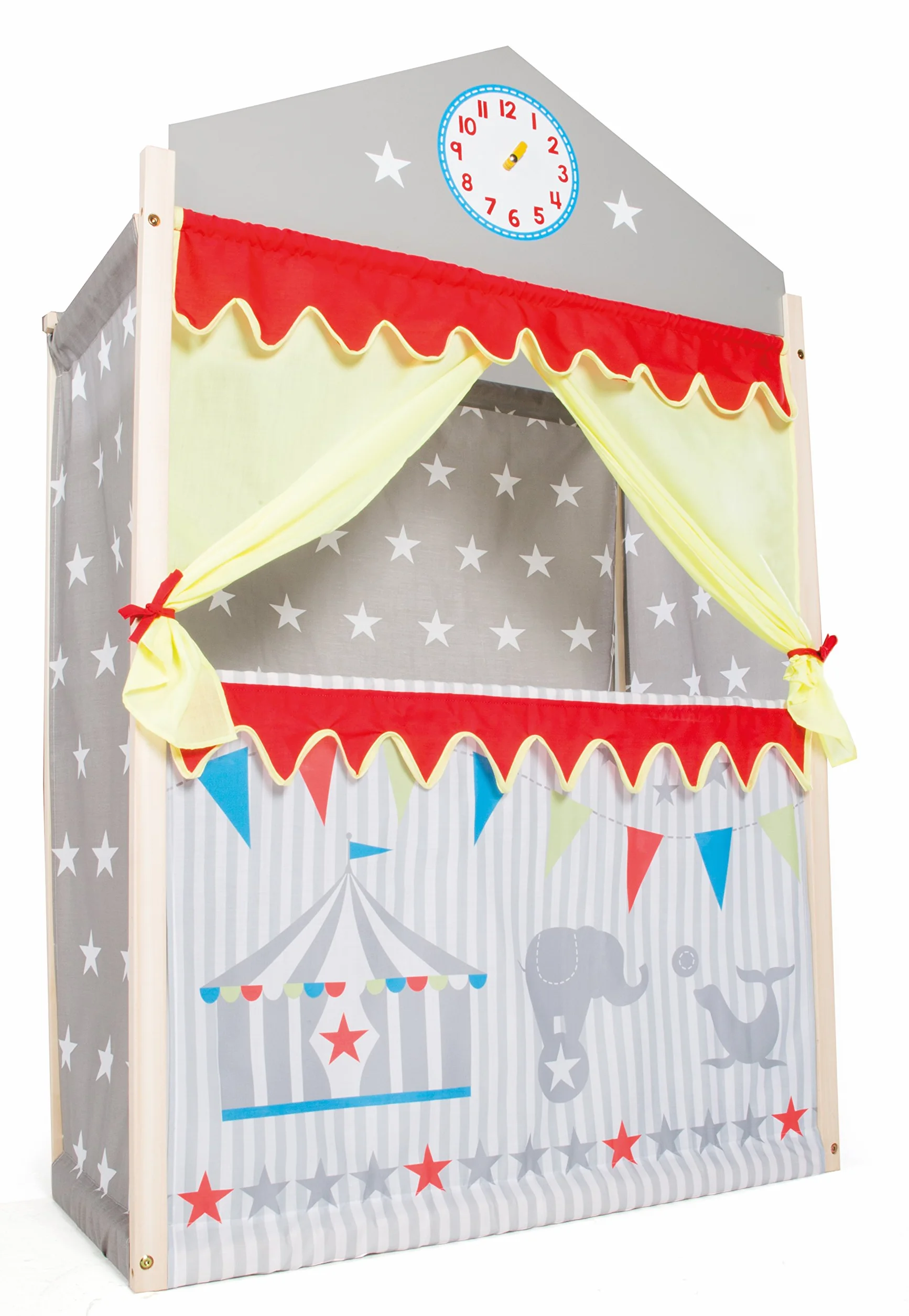 roba Théâtre de Marionnettes pour Enfant en Bois et Tissu Étoilé Gris - Monté sur Pied - 84 x 39 x 129 cm - avec Horloge à Aiguilles Mobiles - dès 3 Ans - Multicolore